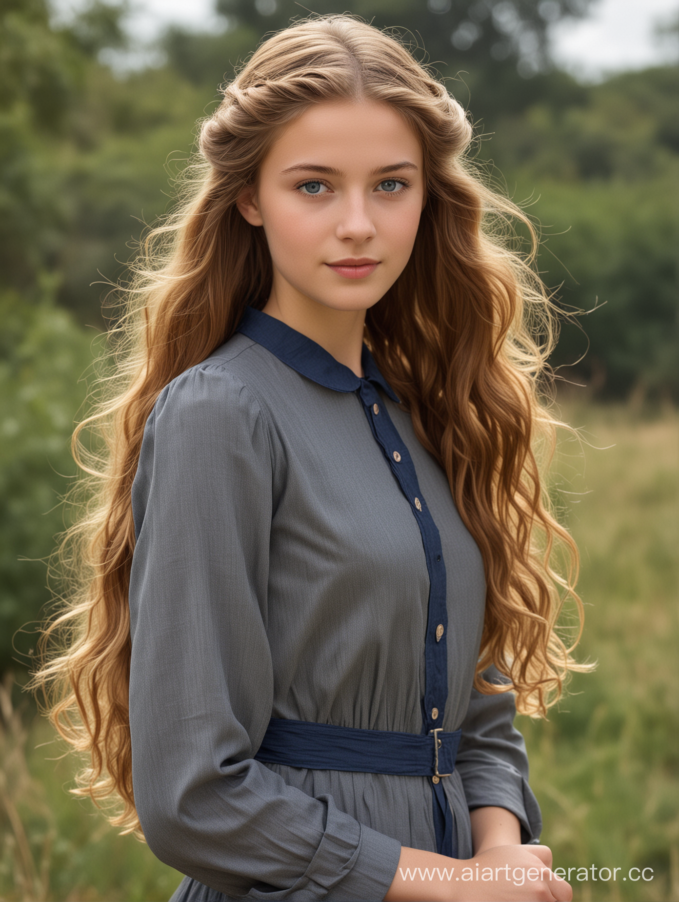 Clarisse Vannier, a 17-year-old Belgian girl, elegant and docile face, loose tresses of long chestnut hair, dark blue eyes, wear 1930s style clothes. Make the picture realistic like photos.  Clarisse in Kenya, on savannah, show full body