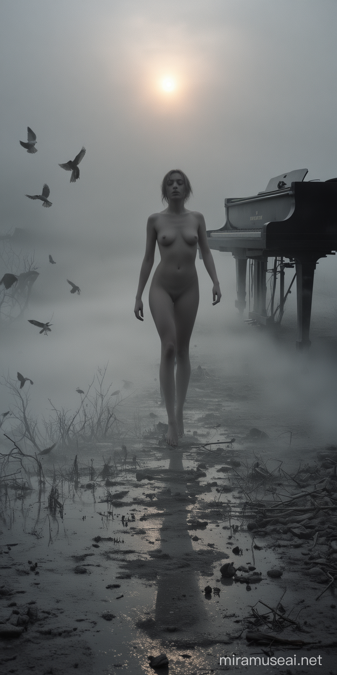 experimental cinematography, MUJER DESNUDA,dystopian realism, made of mist, expansive skies, transavanguardia, movie still, very foggy, lost places, transylvania, birds, fire, piano, girl , nude, sexy