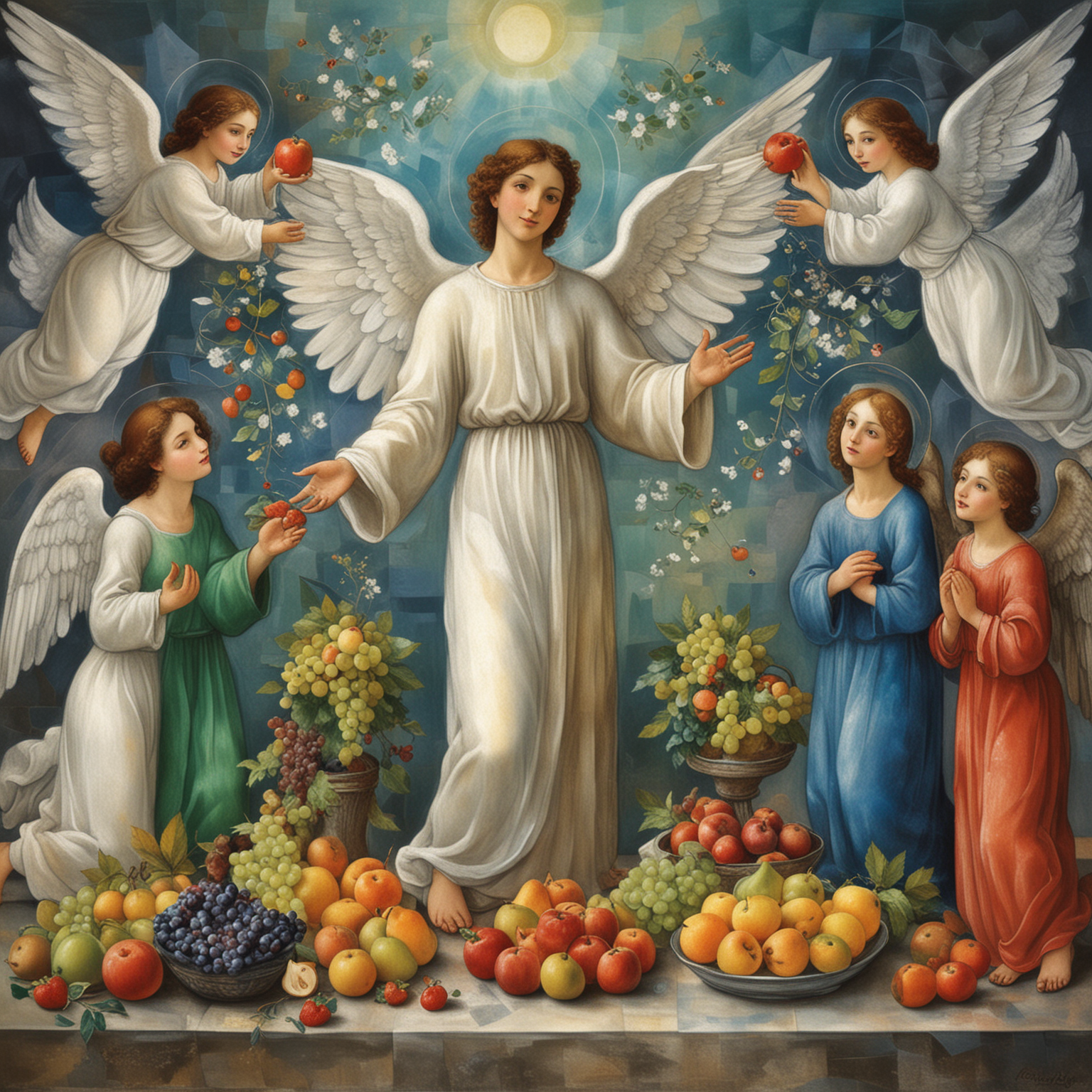 Chagall Style Painting Enrich Your Soul with Man and Angels Amid Abundant Fruits