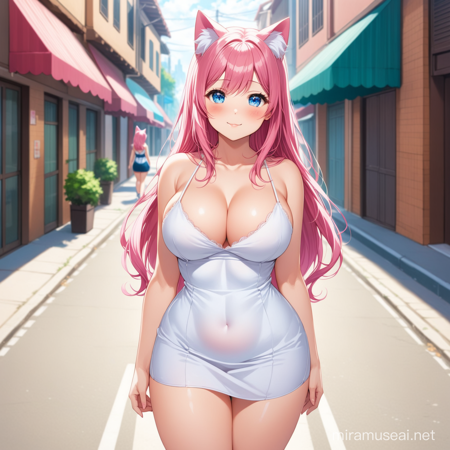 1girl, blue eyes, pink hair, Long hair,cat ears, pink ears, medium breast, white mini dress, cleavage, standing, thick thighs, in the Street, on Day, beatiful breast, beatiful body, looking at viewer, blushing, light smile