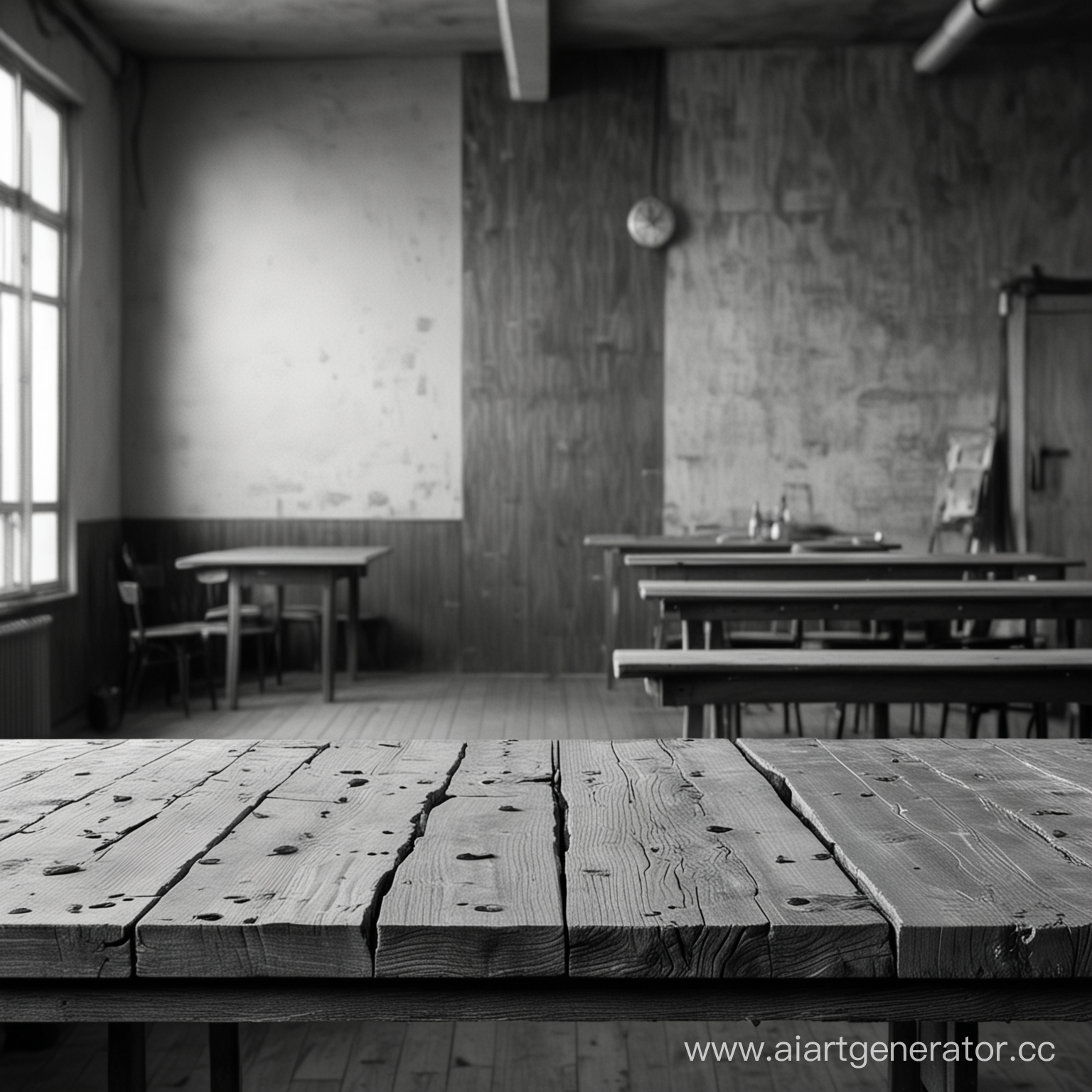 клуб единоборств на заднем фоне, пустой деревянный стол на переднем фоне, чёрно-белое