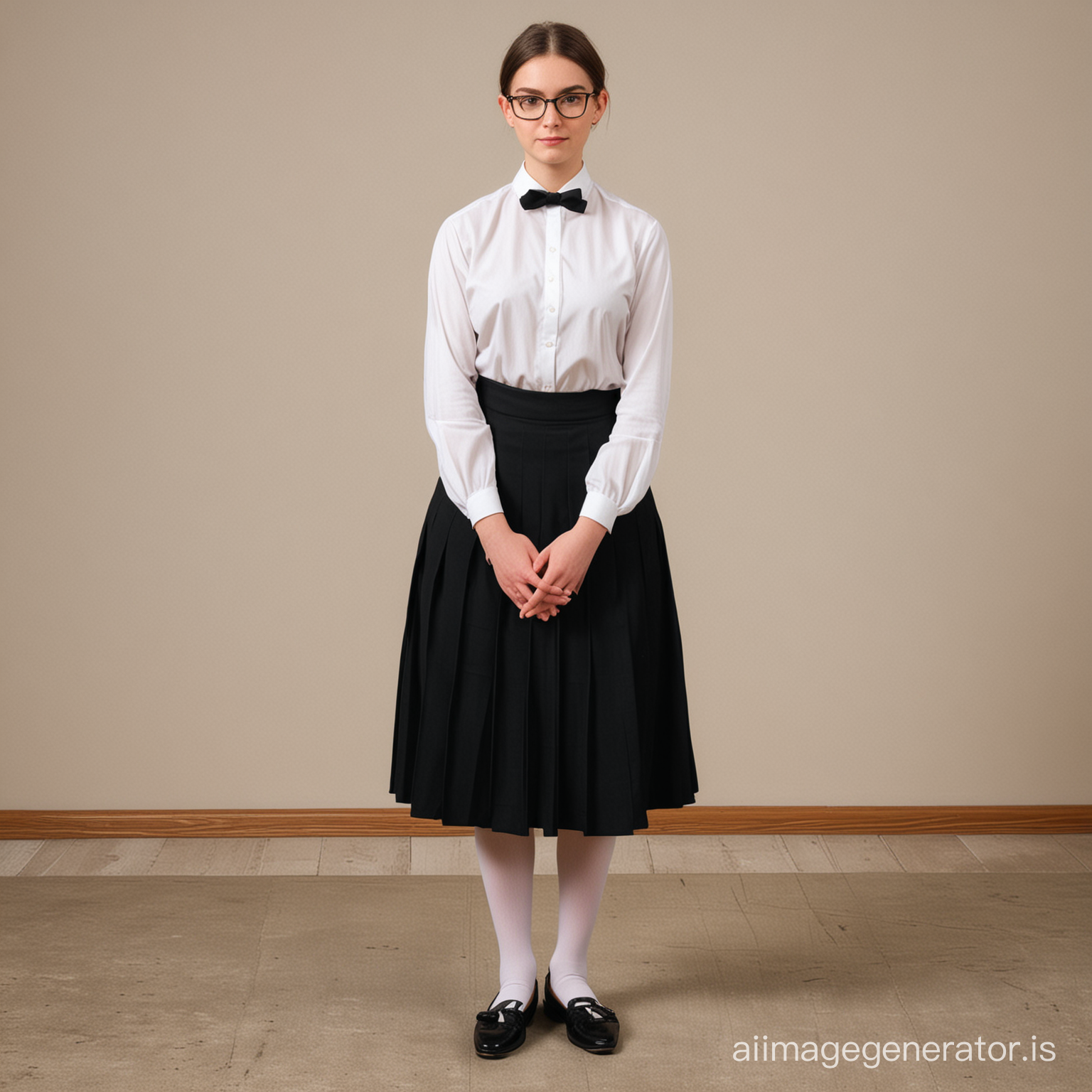 two catholic postulant with folded hands as if in prayer with short hair 
and glasses dressed in a black long pleated skirt that covers her knees 
and a white blouse and black tie and white tights  and black mary jane flat shoes