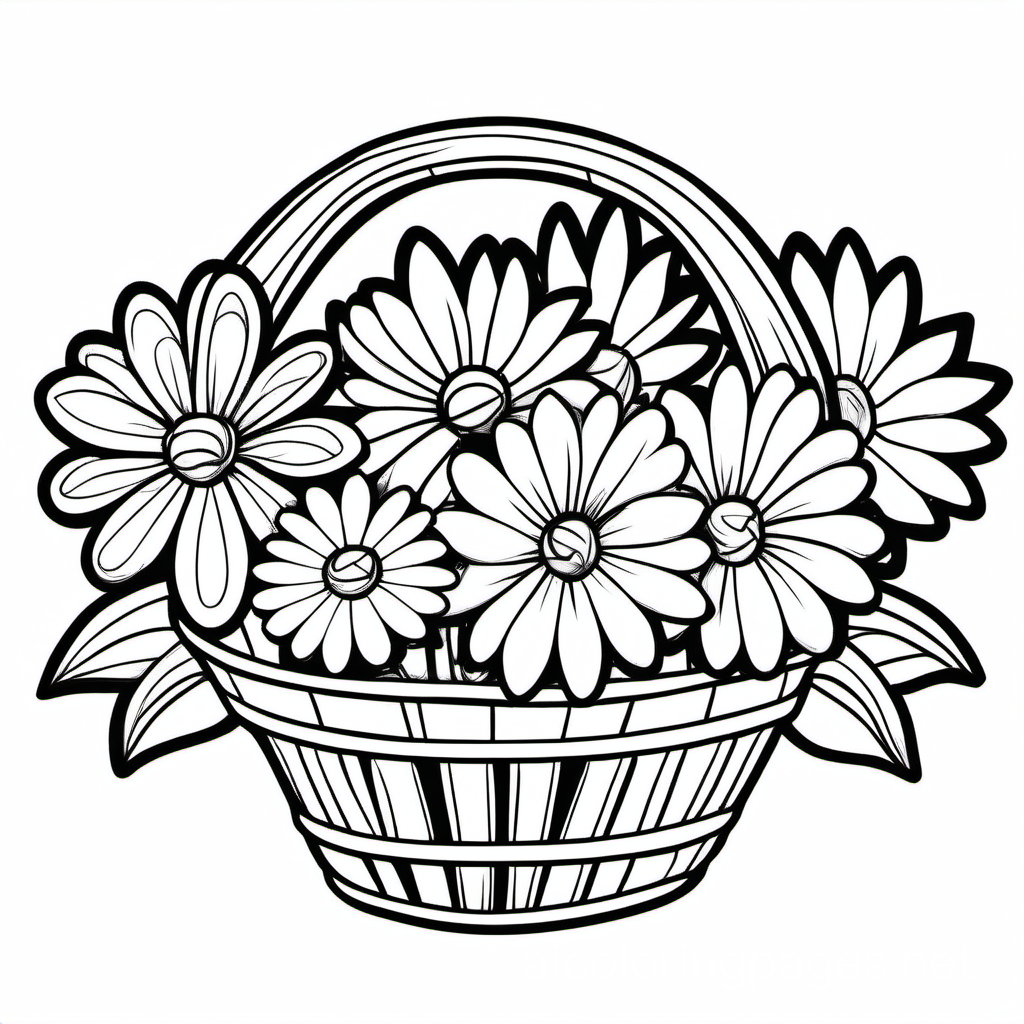 basket of flowers on white background
, Coloring Page, black and white, line art, white background, Simplicity, Ample White Space. The background of the coloring page is plain white to make it easy for young children to color within the lines. The outlines of all the subjects are easy to distinguish, making it simple for kids to color without too much difficulty