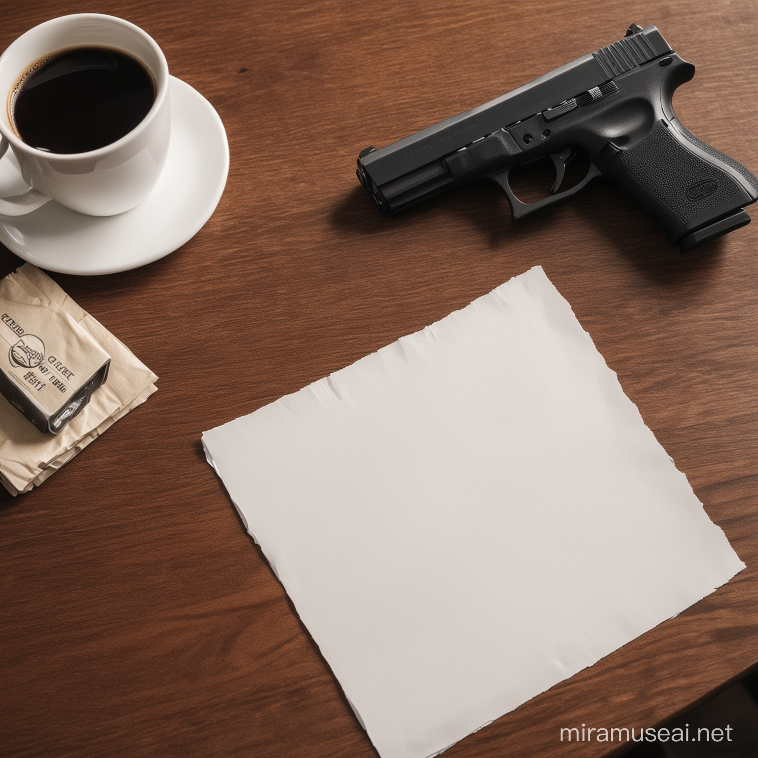 a dining room table with a blank piece of white paper, a cup of coffee, and a glock pistol.