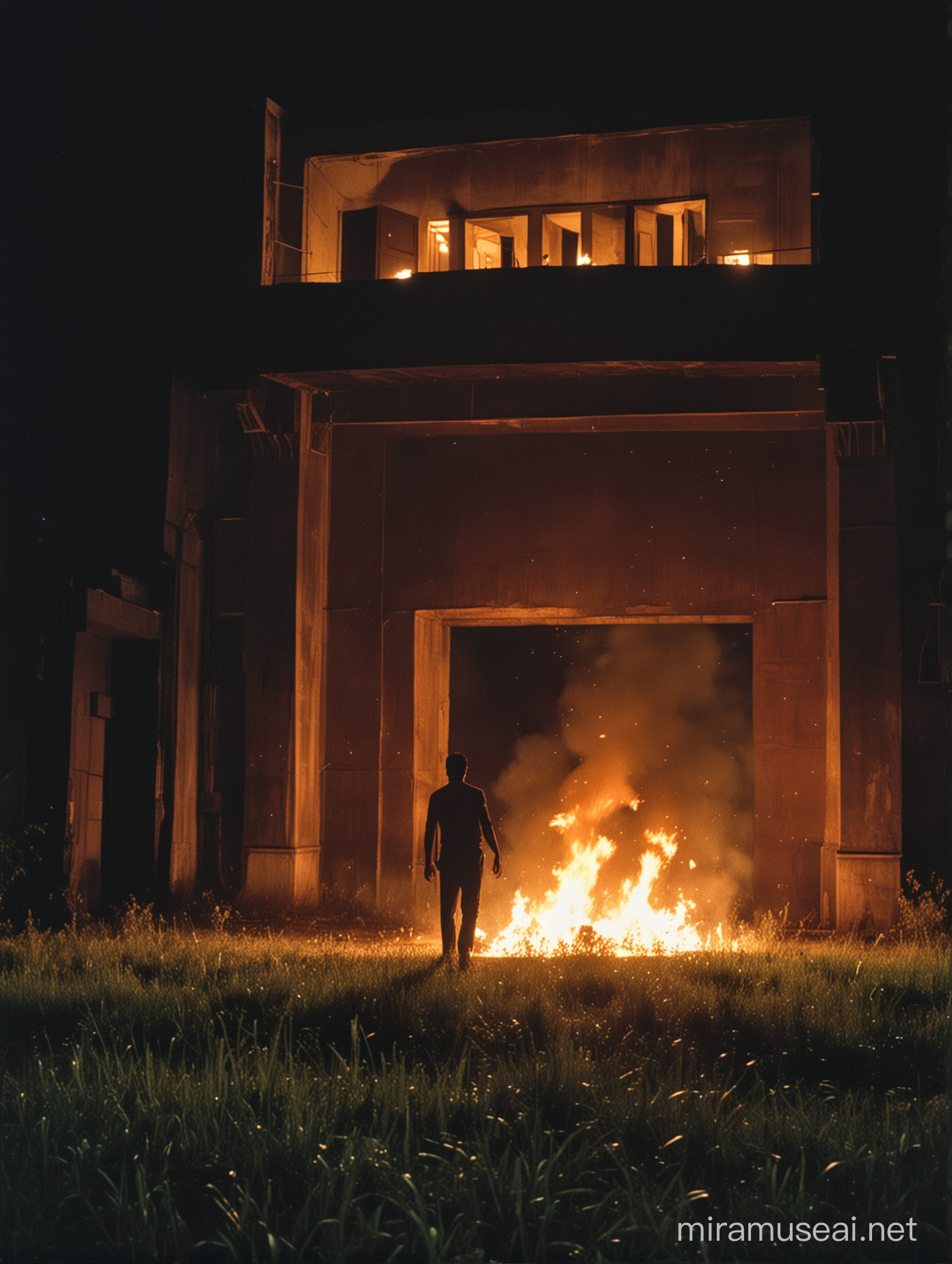 1998 A Night, old movie theatre in india, The fire is burning. A man falls from a balcony with his body on fire, in the middle of a grassy and bushy area, an old cinema theatre, night, cinematic. 