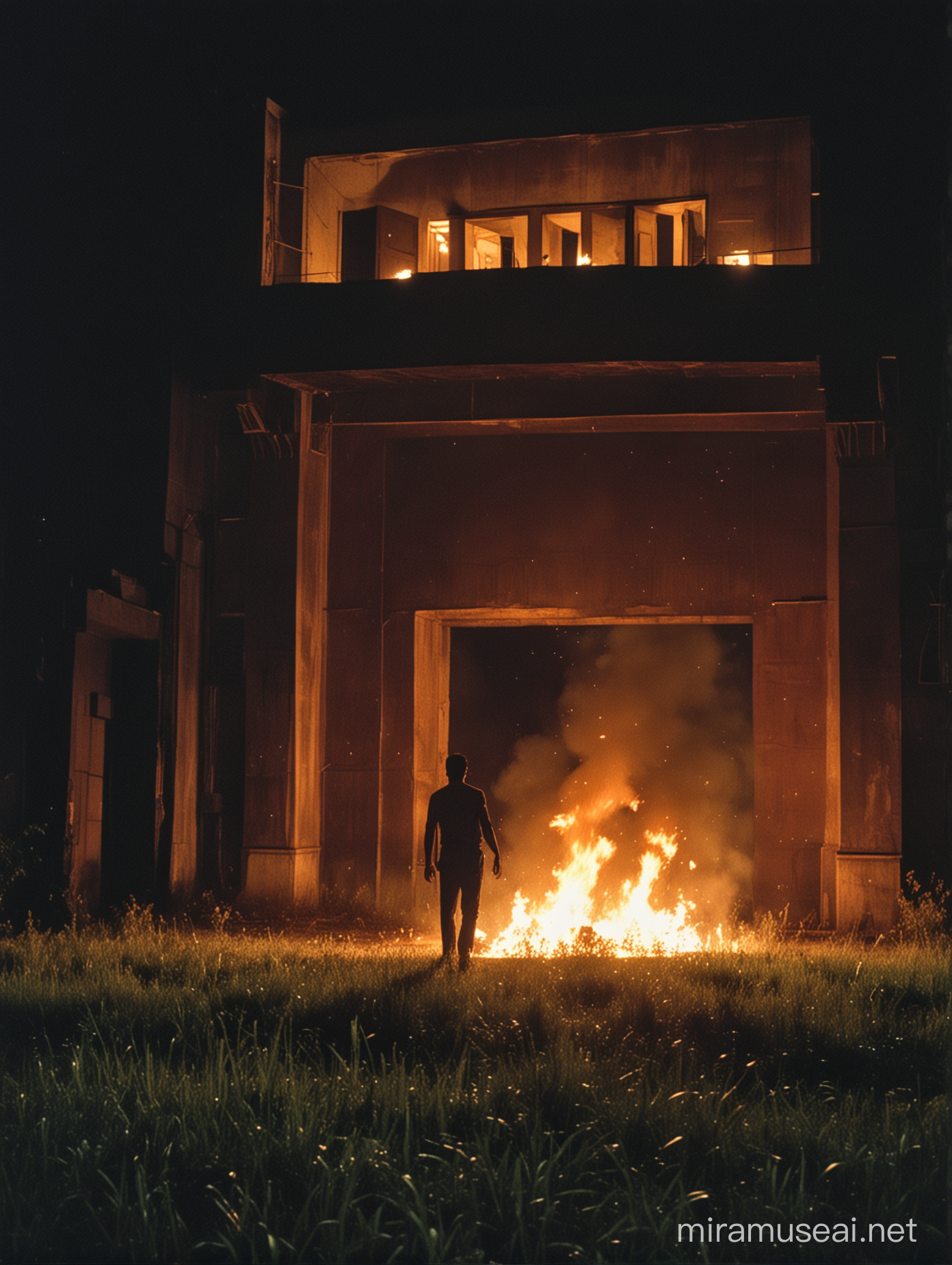 Tragic Cinema Man Falling from Burning Balcony in Vintage Indian Theatre