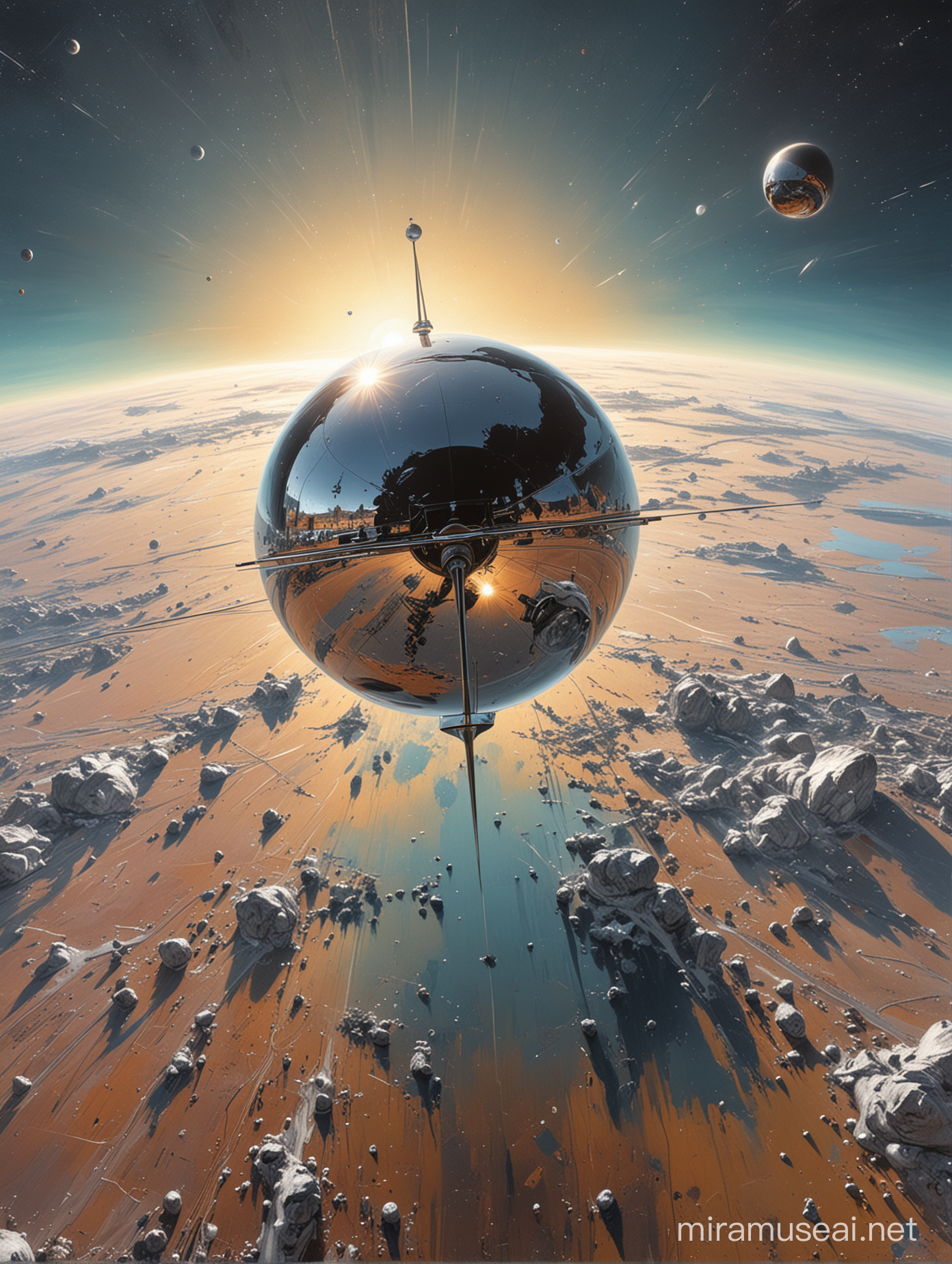 Highly detailed painting, wide view from above, (((Sputnik 1))) is alone in space and floating above the Earth, in the background the Sun is rising from behind the Earth, (((Sputnik is a plain chrome ball with aerials extending from one side))),use muted pastel colors only, high quality
