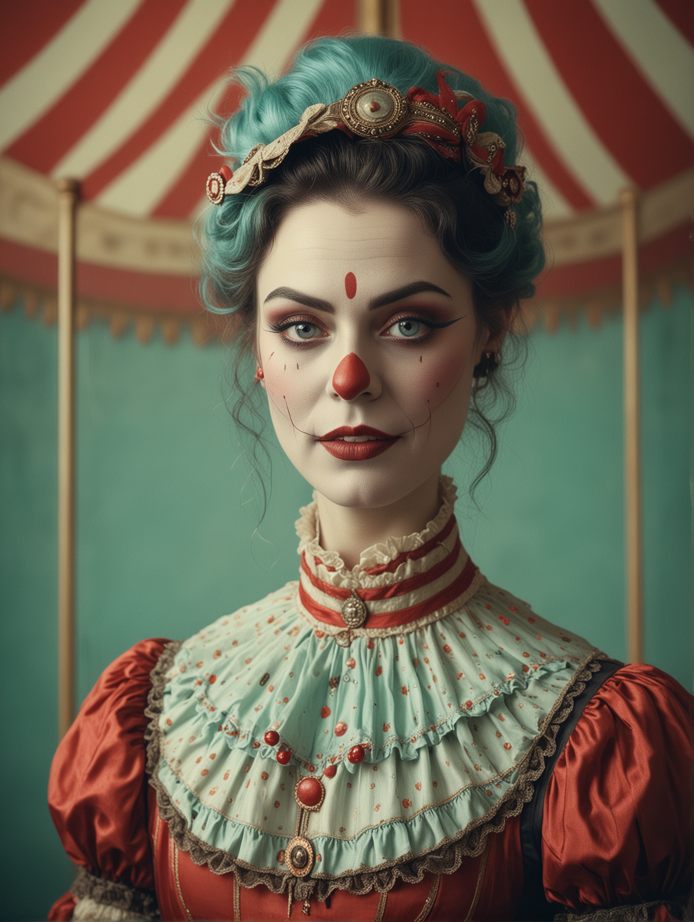 antique circus, in the style of whimsical yet eerie symbolism, Victorian 1920's circus, light cyan and red palette, close up portraiture, sinister grinning, nature-inspired pieces, circus costumes, ultra details