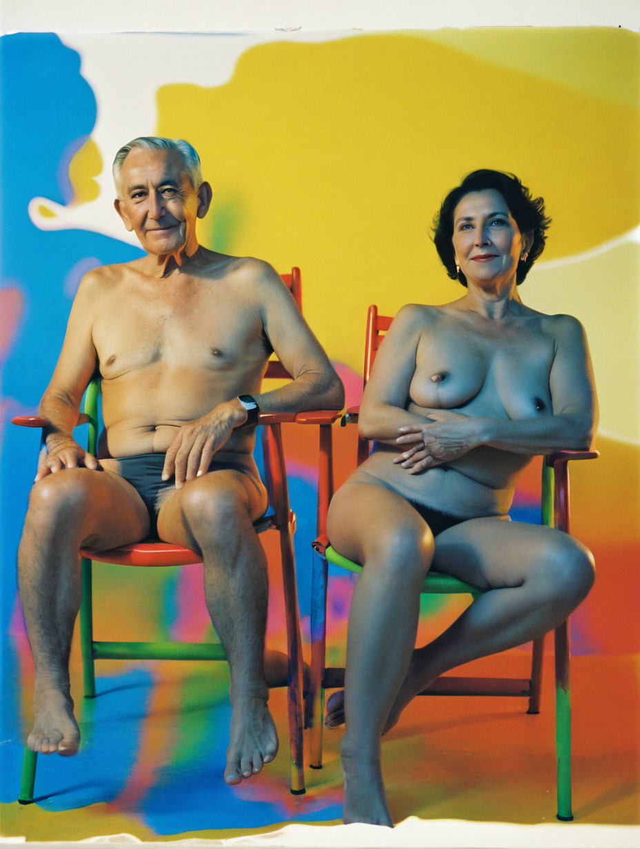 älteres ehepaar, nackt auf stühlen, er umarmt sie, fotografie, asa 50, blitz von vorn, leica, 50mm objektiv, fujichrome