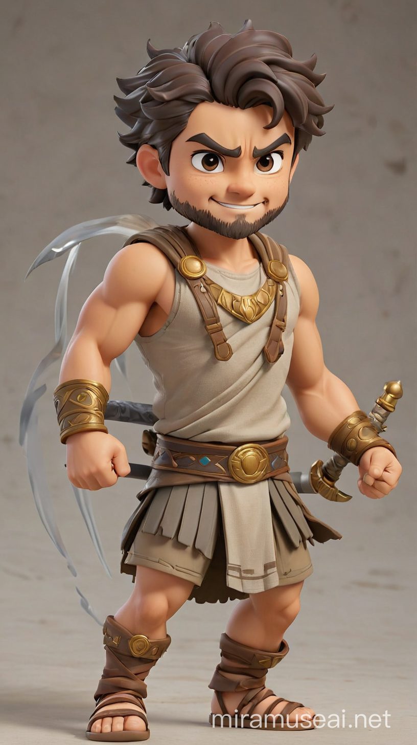 Imagine Hercules, the mighty Greek demigod from Disney's animated film, reimagined as an adorable chibi (Nendoroid) figure! Stay true to his iconic appearance by depicting him with tousled short hair, a strong and muscular physique, and wearing his signature attire inspired by ancient Greek mythology. Hercules should be depicted wearing his distinctive attire, including a short tunic or armor adorned with Greek motifs and sandals laced up to his calves. To capture his heroic and confident demeanor, sculpt his face with determined yet endearing features, complete with his trademark grin and sparkling eyes. Consider including optional accessories such as his trusty sword or a miniature version of his winged horse, Pegasus, to enhance the figure's charm and showcase Hercules' adventurous spirit. Let your imagination soar as you bring this legendary hero to life in chibi form, ensuring that every detail reflects his timeless appeal and enduring legacy in Greek mythology and Disney animation.