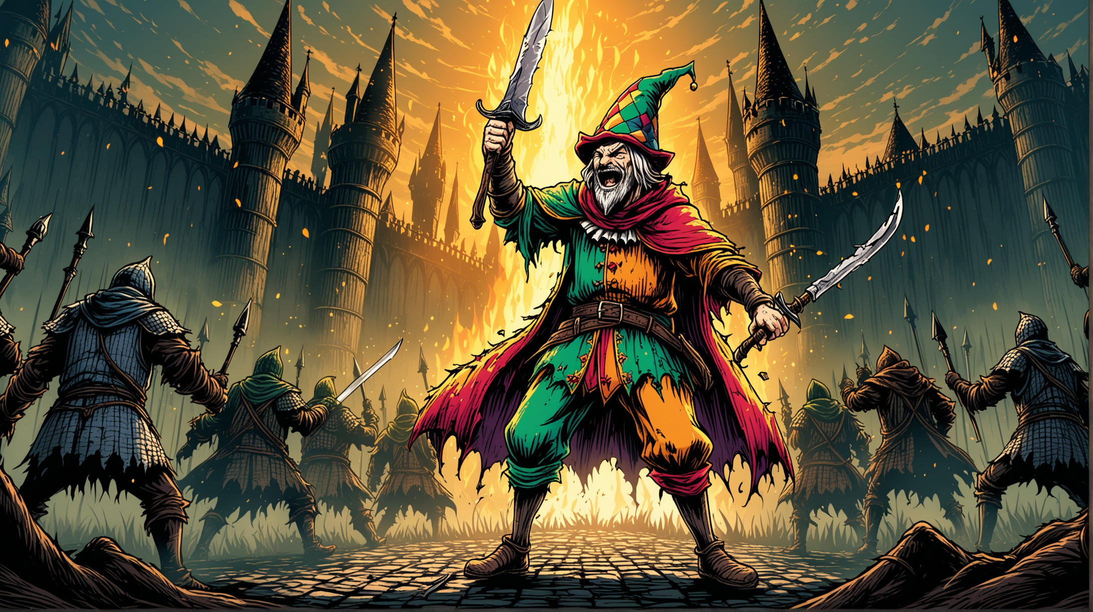 A tall, thin homeless man in a jester's hat and torn clothes with a broken knife fights the bosses of the dark souls games and wins. The style is optimistic and colorful