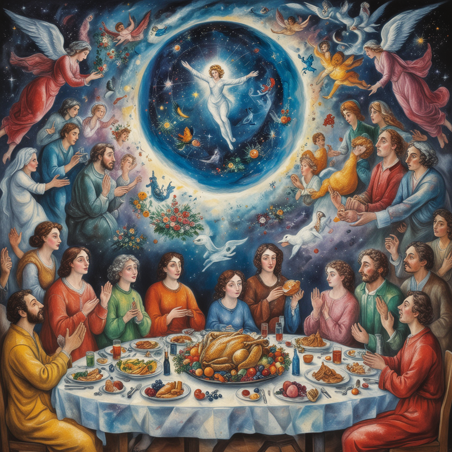 Chagall style cosmic heavenly feast with men women and children less people


