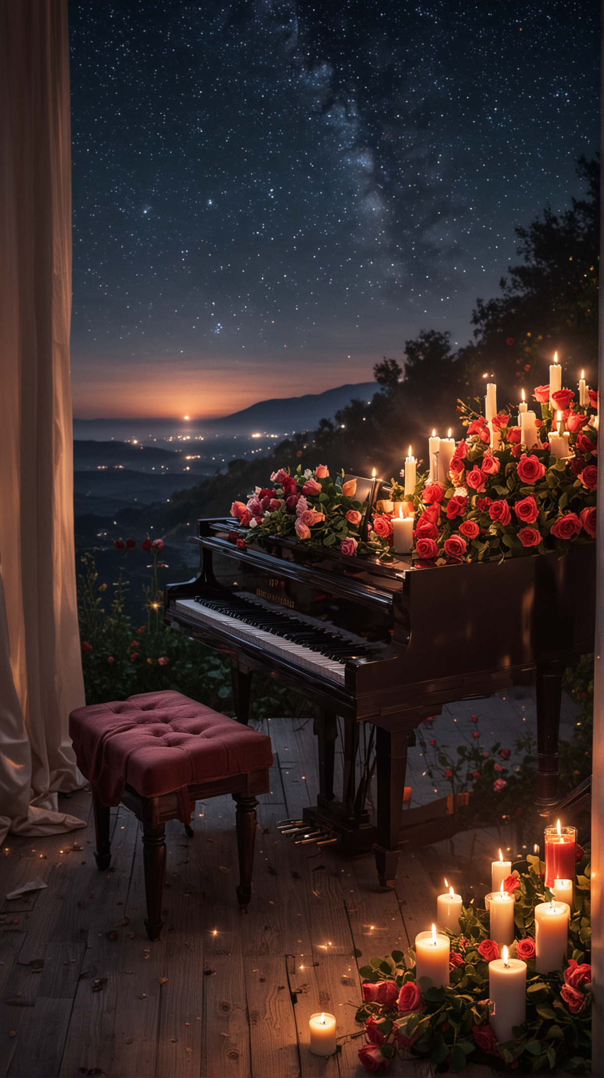 Romantic Evening Serenade with Piano and Candlelight Under Starry Sky
