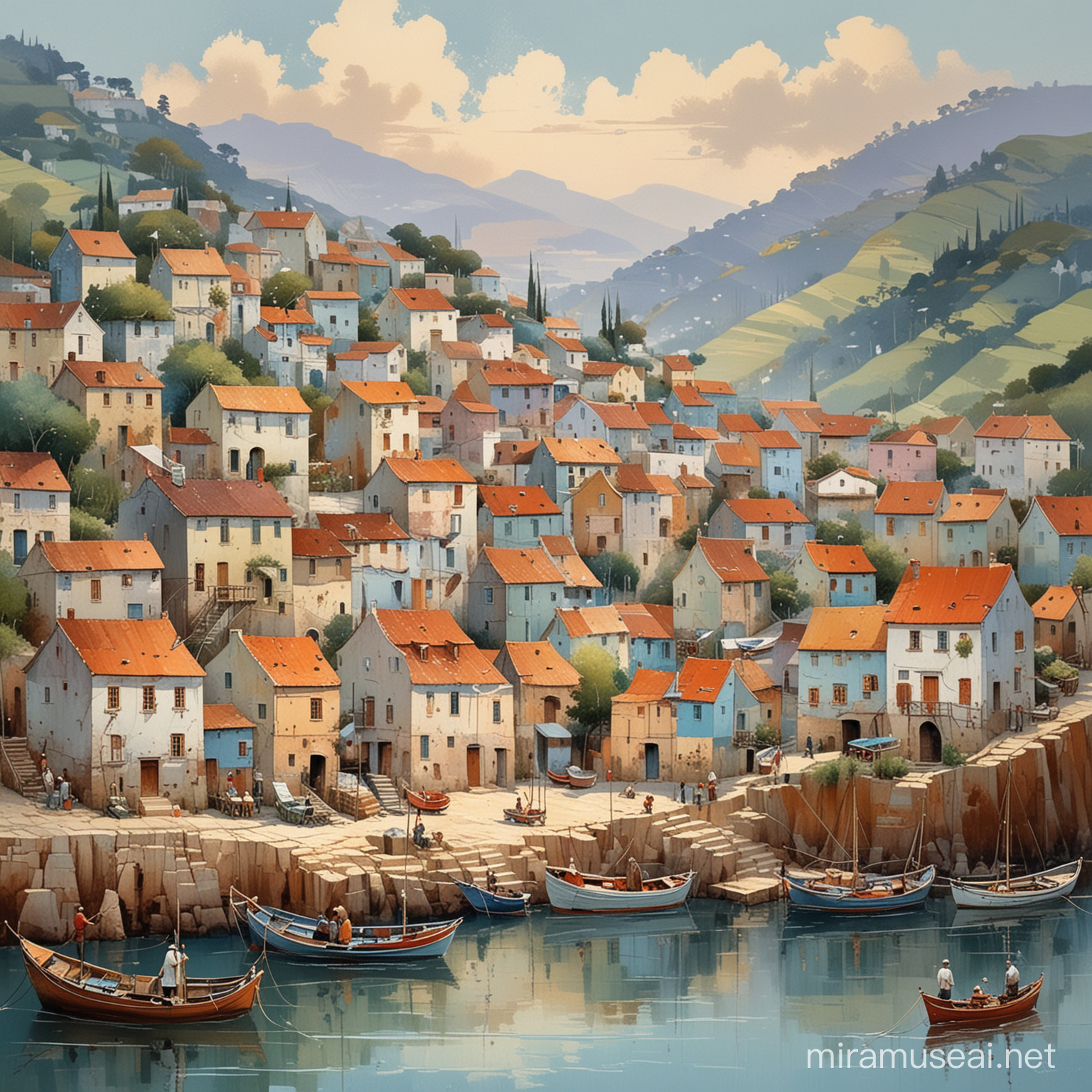 Tranquil Fishing Village Amidst Rolling Hills Inspired by Didier Loureno and Thomas Wells Schaller