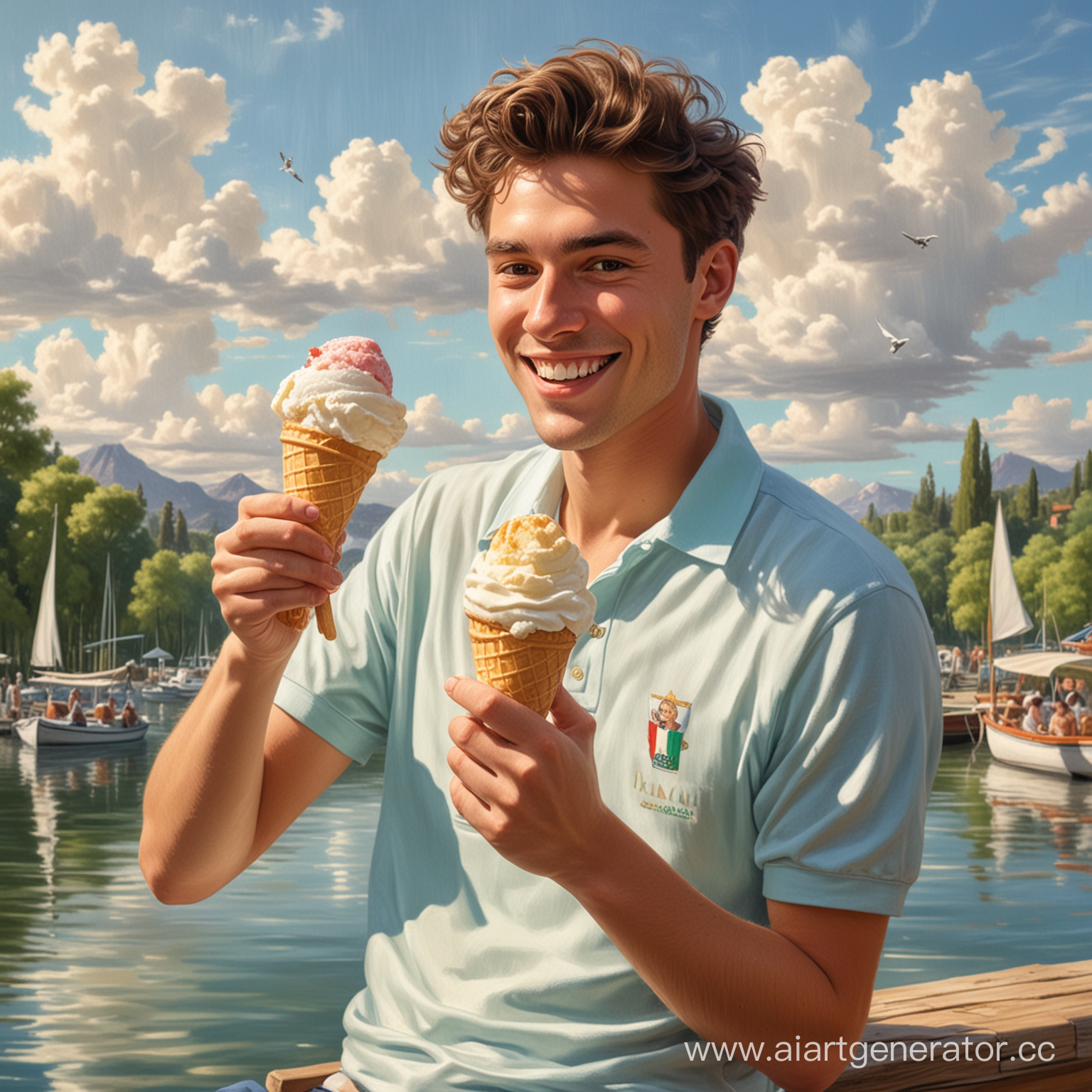 юноша в шортах  и поло, волосы распущены, улыбается и лижет шарик итальянского мороженого в вафельном рожке, рядом красивое озеро  и лодки, светит солнце и голубые облака. в стиле картин гогена лес и чайки