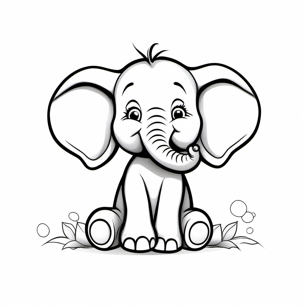 cartoon, sitting cute happy baby elephant, on white background
, Coloring Page, black and white, line art, white background, Simplicity, Ample White Space. The background of the coloring page is plain white to make it easy for young children to color within the lines. The outlines of all the subjects are easy to distinguish, making it simple for kids to color without too much difficulty