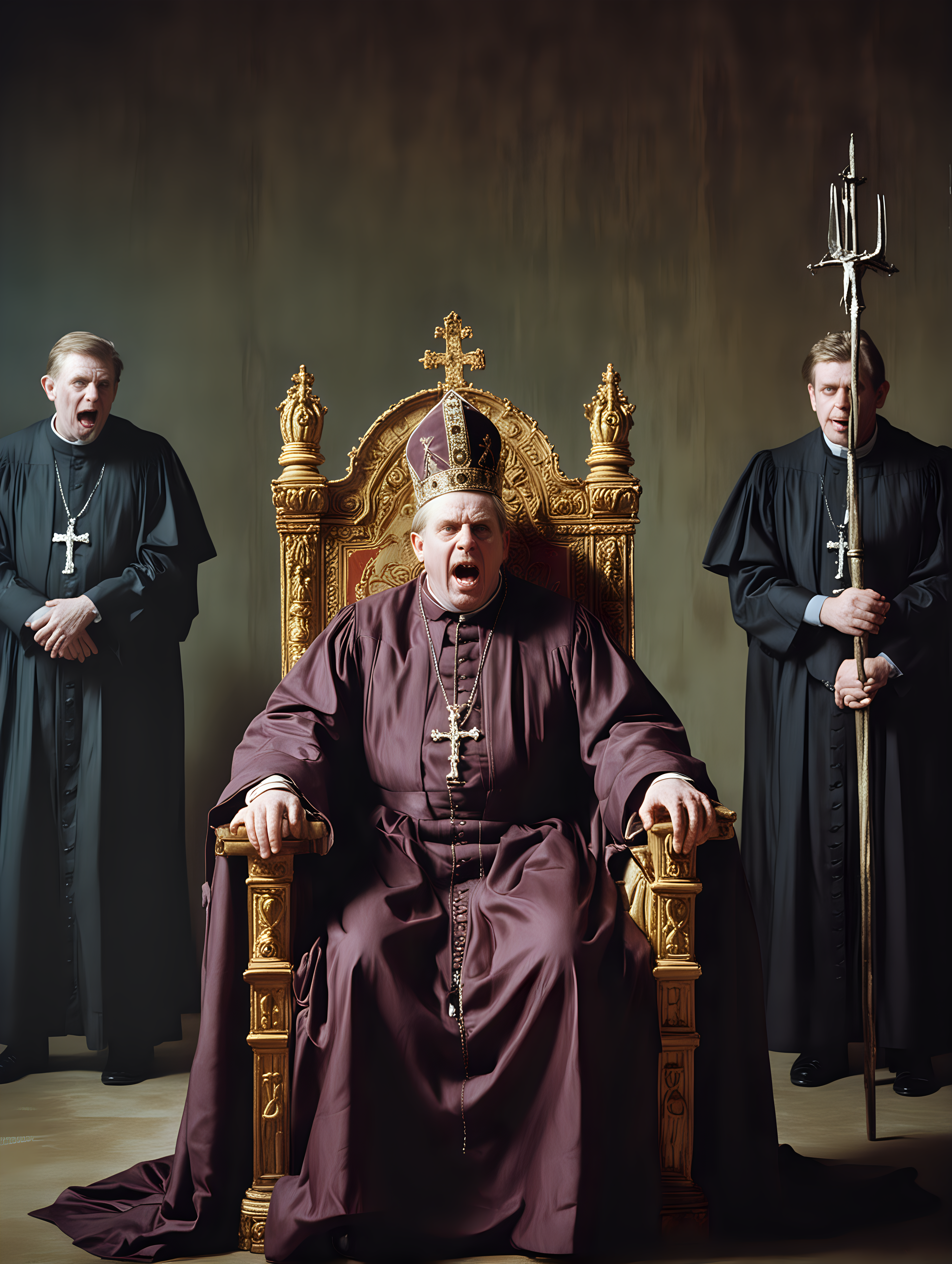 Surrealist Bishop Dissolving on Throne with Flash Photography