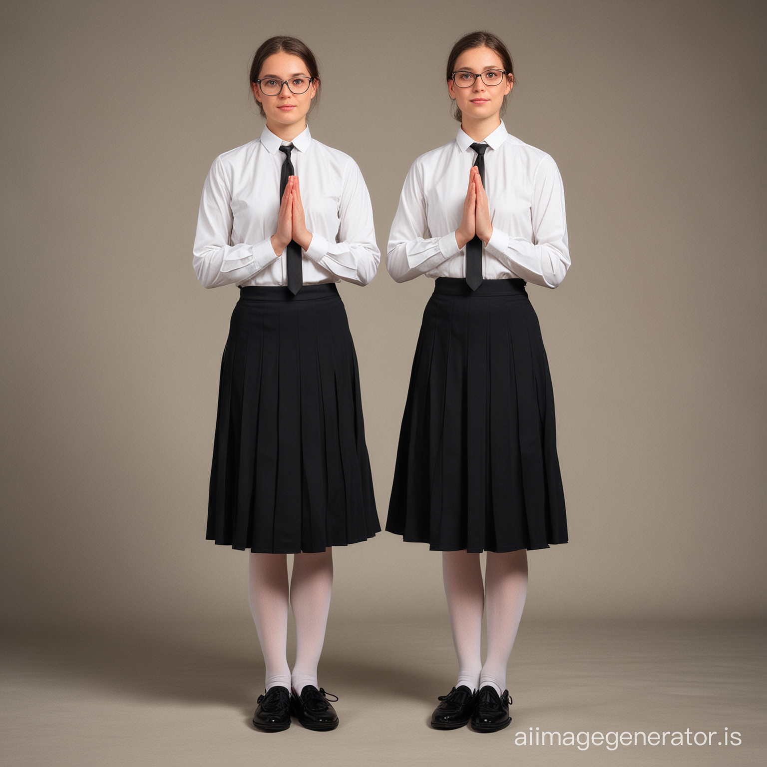 two catholic postulant with folded hands as if in prayer with short hair 
and glasses dressed in a black long pleated skirt that covers her knees 
and a white blouse and black tie and white tights  and black mary jane flat shoes