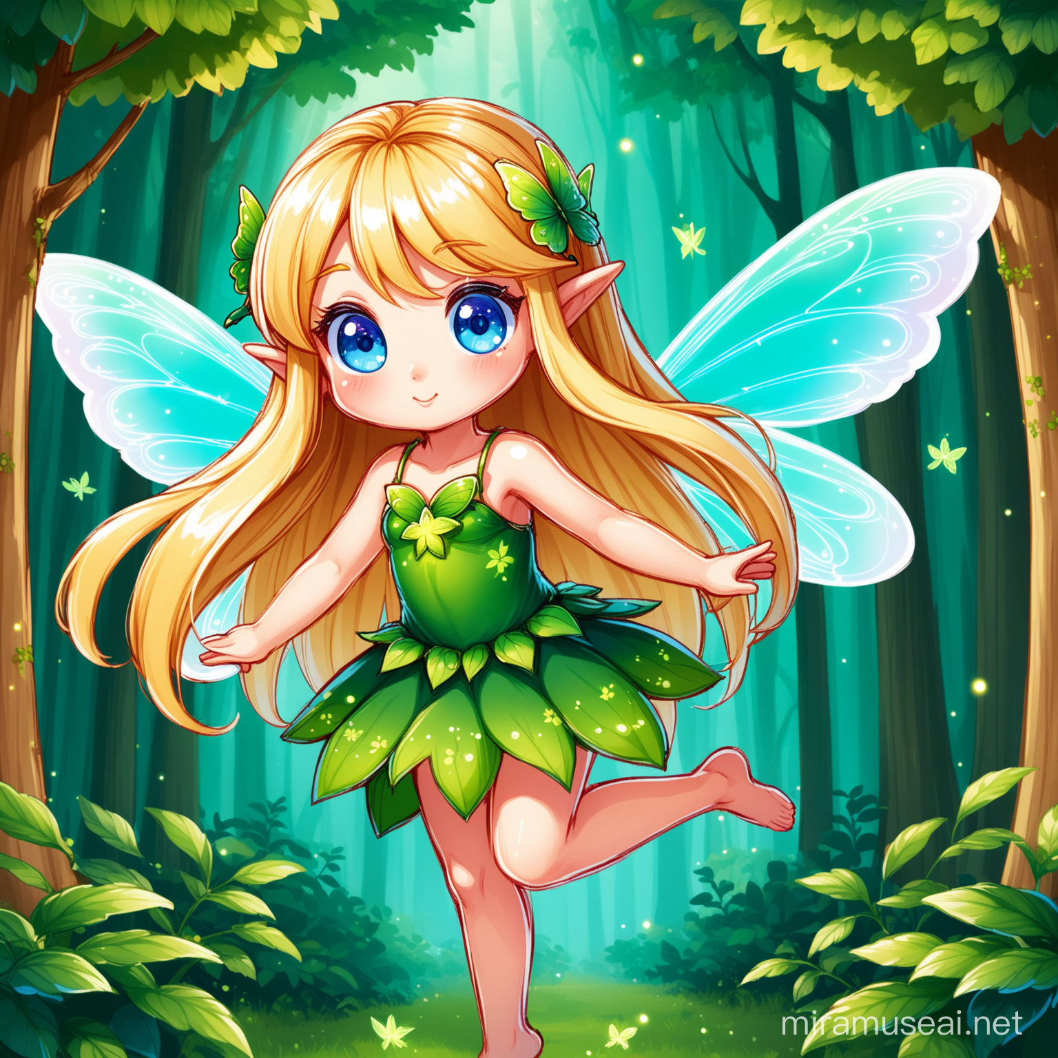 imagine poseable prompts, small forest fairy in cartoon style with long blonde hair and big blue eyes flying