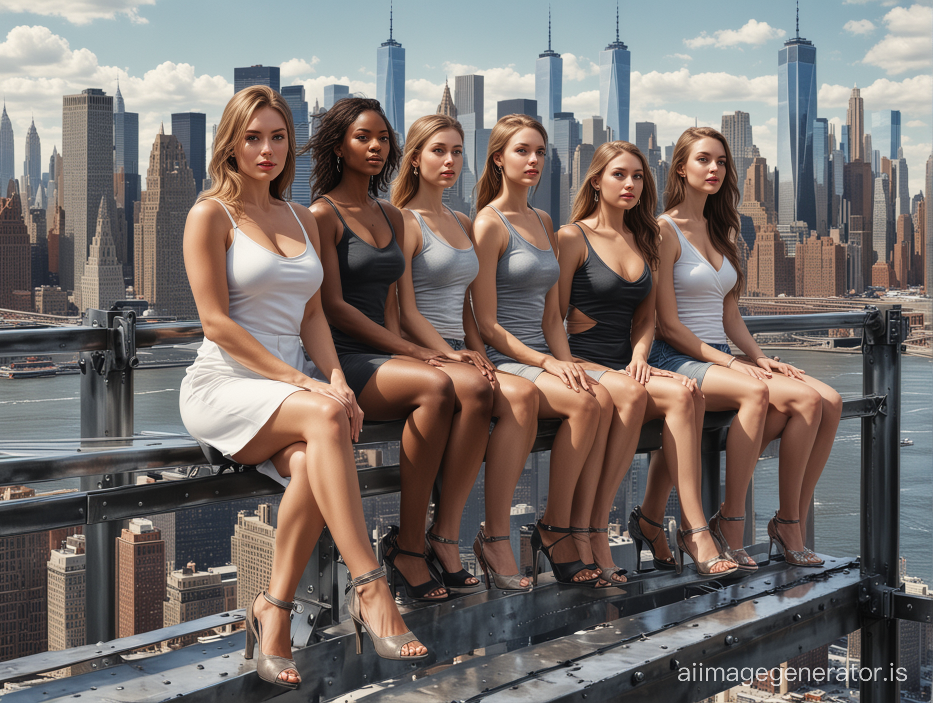 Photo-realistic picture of 7 beautiful Women, Sitting on a metal beam, Manhattan skyline in the back