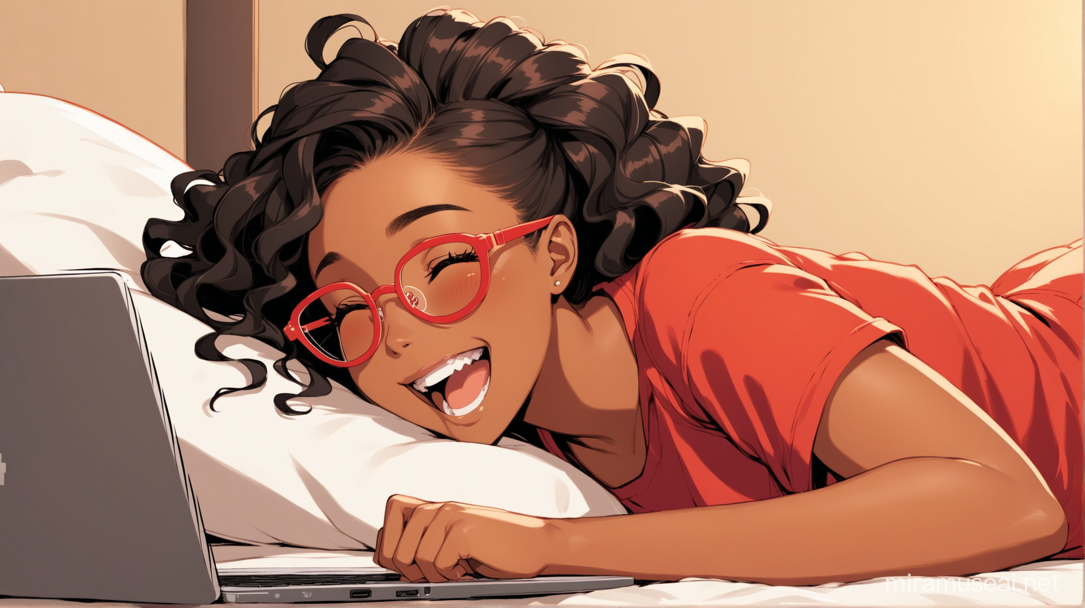 Joyful Black Woman Watching Anime on Laptop with Red Glasses