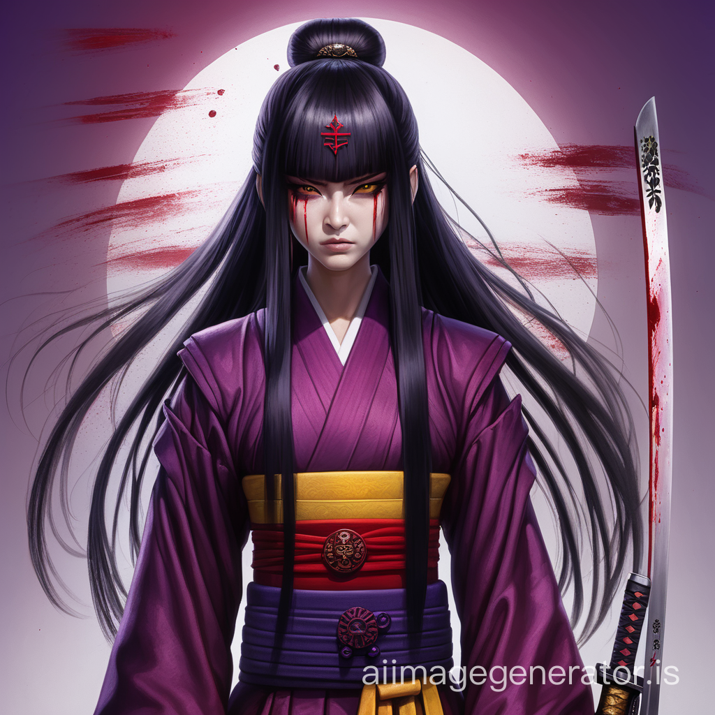 Empress, katana, straight hair, purple yellow red, bleeding, seem mean and evil