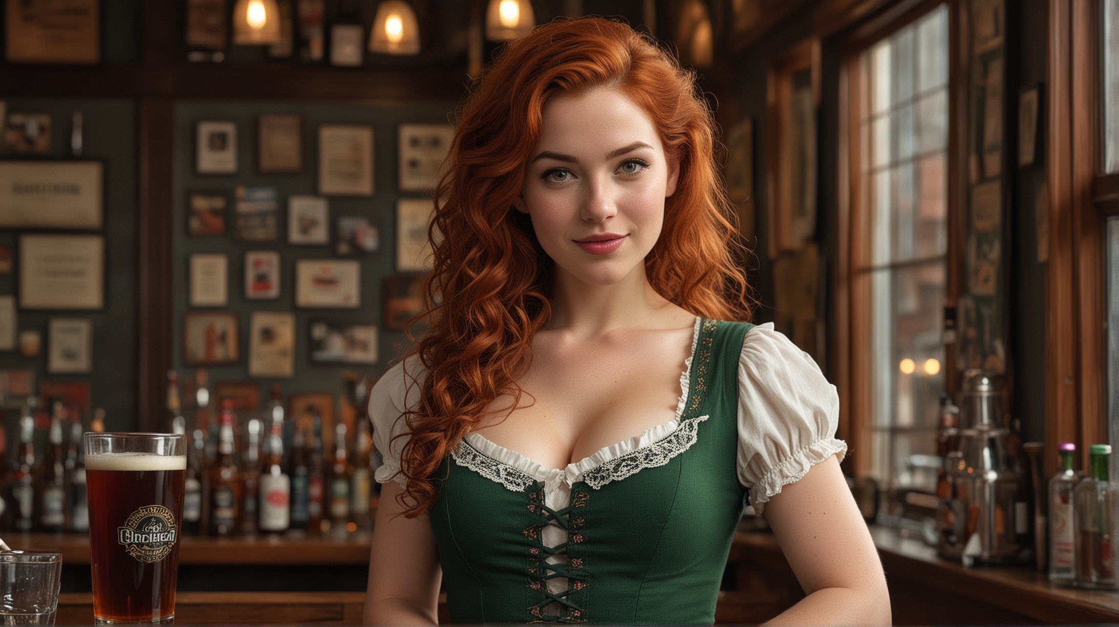 A high-resolution photograph captures the enchanting essence of Merida from Brave, she's 40 years old. she's standing in an old Irish pub.  A fully stocked bar is behind her. Her very-long wavy red hair cascades around her shoulders, framing her features with a touch of natural elegance.

She wears a dark green Oktoberfest Beer Girl costume with a short skirt that accentuates her very large breasts and reveals a generous amount of cleavage, it also emphasizes her shapely legs.  White knee-high stockings. Her makeup is applied with a skilled hand, featuring heavy eyeliner and pink lipstick that enhances her flirty smile.  She has freckles across her cheeks and nose. 

The photograph captures the vivid colors of the scene with clean, sharp focus, drawing attention to the woman's cute smile, thin waist, and wide hips. Every detail is meticulously rendered, from the ultra-detailed lighting to the subtle imperfections that lend authenticity to the image.

With a blend of studio and natural lighting, high contrast, and ray tracing techniques, the photograph achieves a level of realism that brings the scene to life. Random details, such as the texture of the woman's skin and the pores that dot its surface, add depth and dimension to the image, creating a captivating portrait of beauty and grace amidst the quaint charm of the Irish pub. dark vignette around the photo, zoomed out to capture her full body, low angle