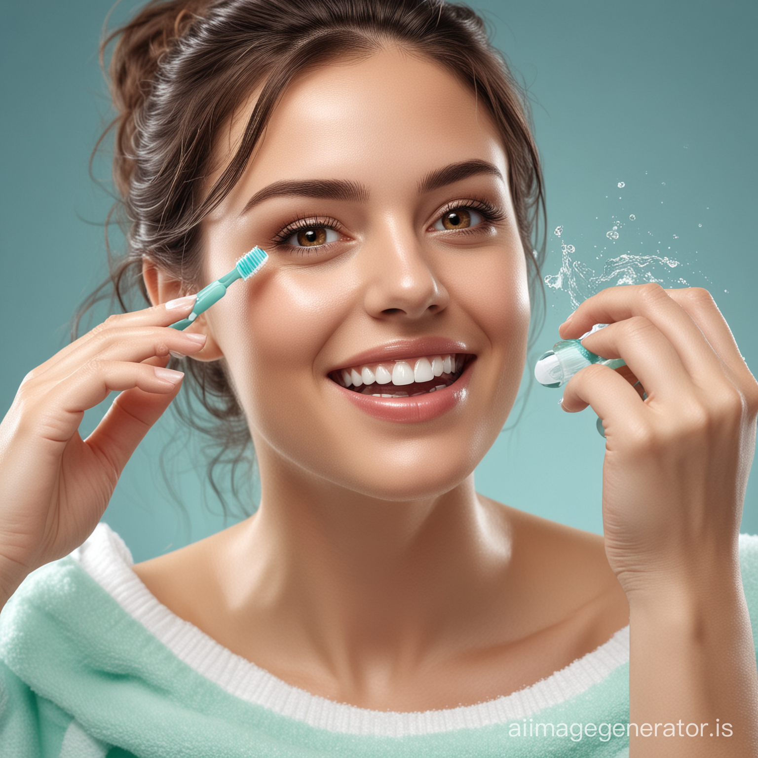 create a 3d image illustration of a woman washing her teeth with magical cleaning teeth oils