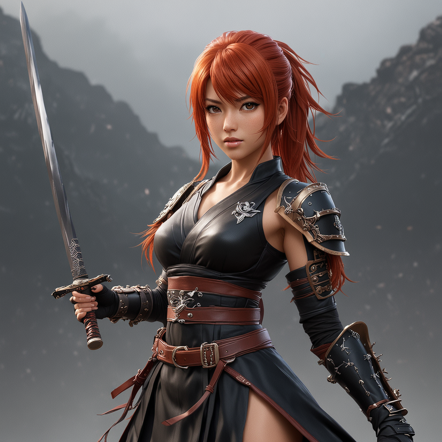 Yoko Nakajima from anime 12 Kingdoms: Juuni Kokki red hair female warrior with brown skin in black anime dress and katana in her hand, hyper-realistic, photo-realistic