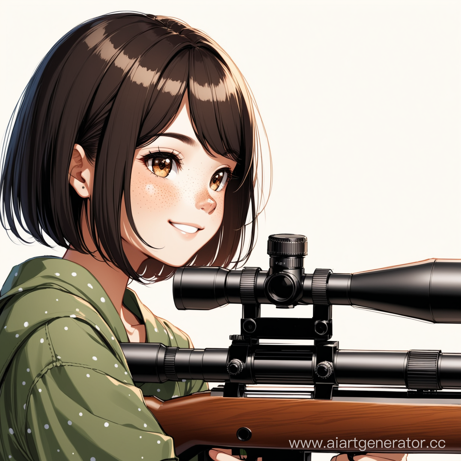 тайская девушка c коротким тёмным каре с веснушками с карими глазами которая стоит в профиль и смотрит в снайперскую винтовку параллельно улыбаясь 