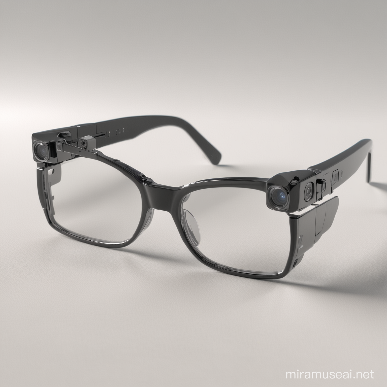 AI powered super glasses with a small webcam-like camera on the side. the glasses are placed on a white canvas, realistic. 8k. best resoultion