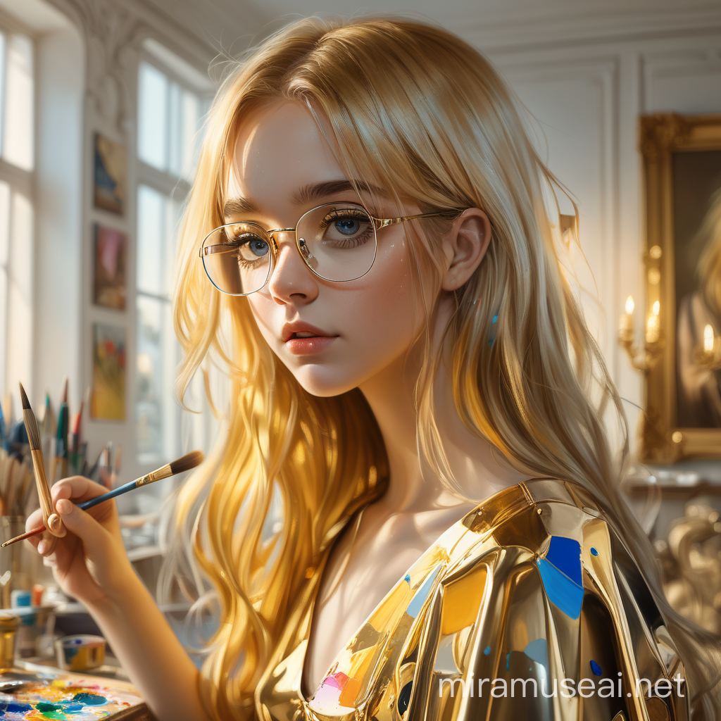 A beautiful girl, home, glasses, paint, golden hair, shining dress, focus on face 