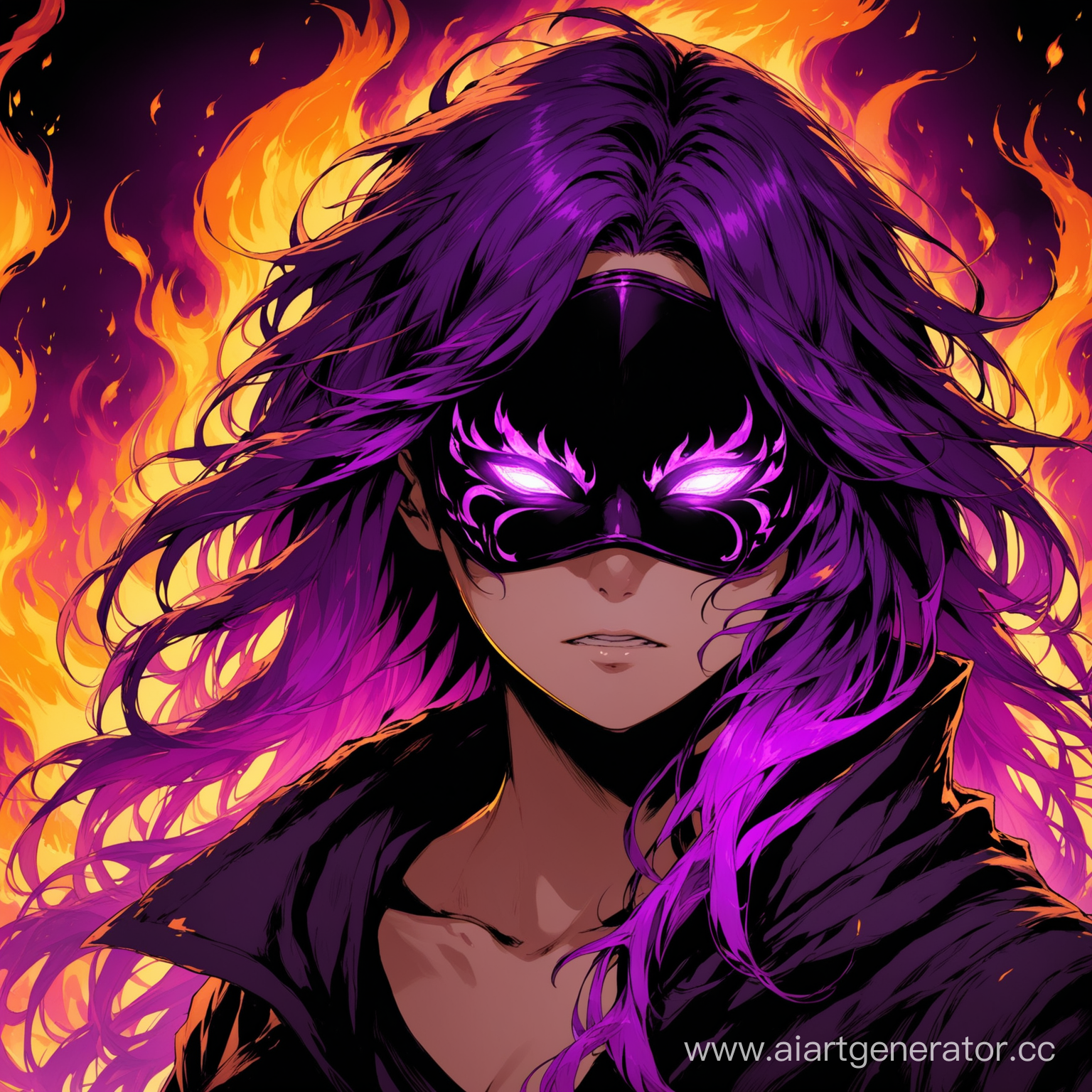 человек в маске с глазами горящими фиолетовым огнем и растрепанными волосами