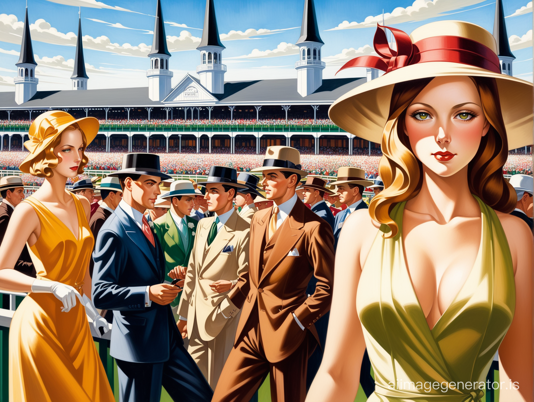 Create an image that captures the vibrant and bustling atmosphere of the Kentucky Derby in the unique Art Deco style of Tamara de Lempicka. Imagine a scene where sleek, stylized horses are racing fiercely towards the finish line, their muscular forms simplified into the smooth, flowing lines characteristic of Lempicka's work. The jockeys are poised and elegant, their bodies merging seamlessly with their mounts, depicted in a palette of bold, saturated colors. The background should feature the iconic twin spires of Churchill Downs, simplified into geometric shapes, under a bright, clear sky. Add a touch of glamour by including a crowd of fashionable spectators in the stands, their outfits and hats a nod to the 1920s elegance, rendered in Lempicka's signature polished and shiny style. The whole composition should exude the excitement and dynamism of the Kentucky Derby, encapsulated in Lempicka's modernist approach.
