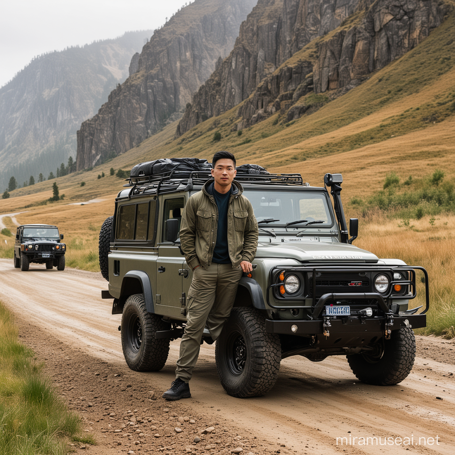 asian men, clothing jackets, trousers,men's shoes,standing in front of a jeep parked on the side of a dirt road, humvee, steel body, rolling foothills, adventure gear, vehicle design trends, land rover defender, tough, off-road, mahindra thar, jeep in background, mountain climbing in washington, rambler, vehicle photography, rocky terrain, high mountains, with roof rack, pacific northwest, travel and adventure