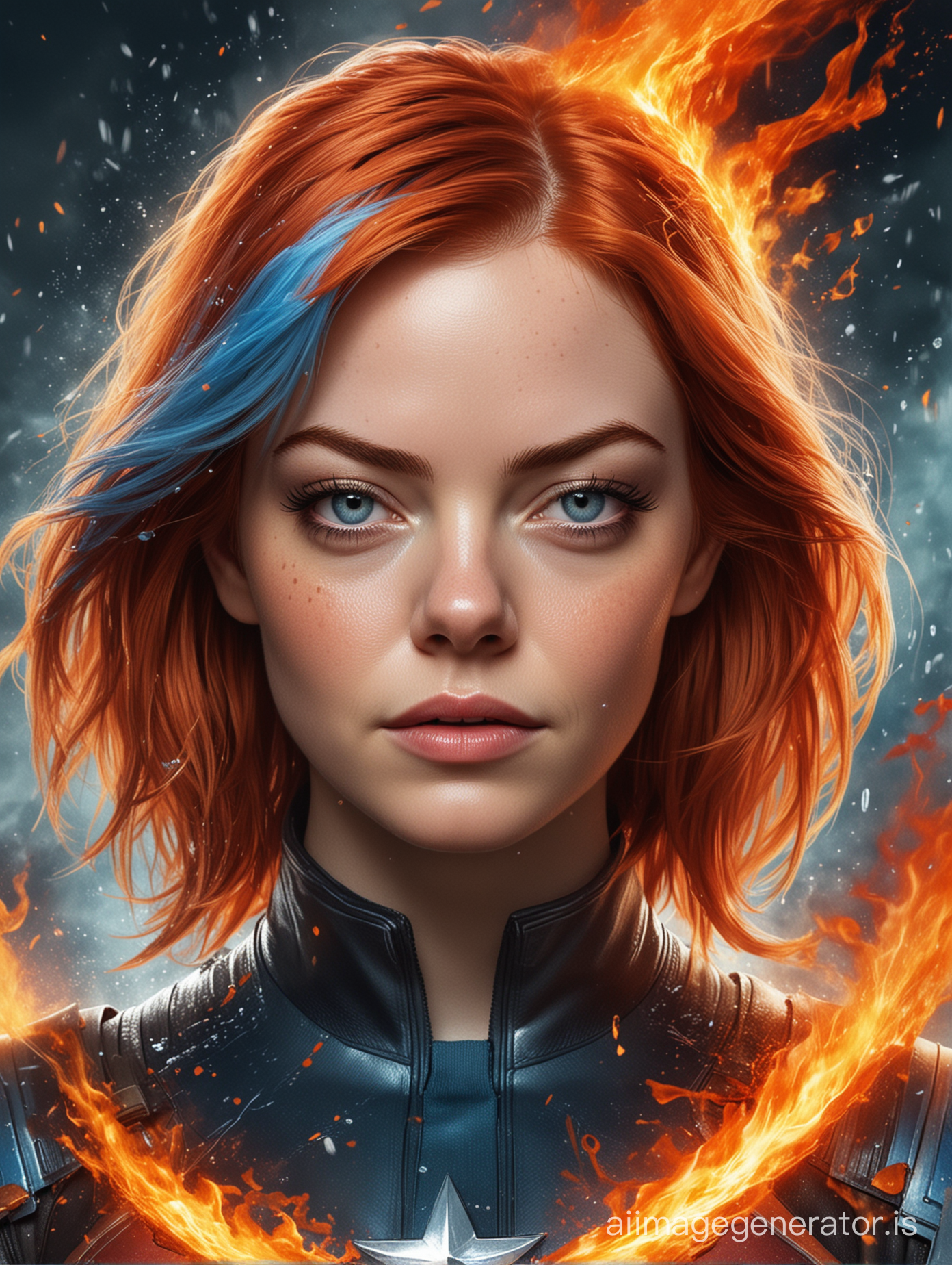 create an A4 movie poster of emma stone in fire and water female superhero suit. with her hair in half dye style - with half red hair on left side of her head, and white/light blue hair on right side of her head, in A4 portrait, with some fire and water elements, and some headspace on the top of image to see her full head, like a half fire and half water illustration. make her left eye pupil red and right eye pupil blue. background is half wildfire and half flood. put the title 'Aquaflame' with water and fire element typography. create it with reference from captain marvel poster