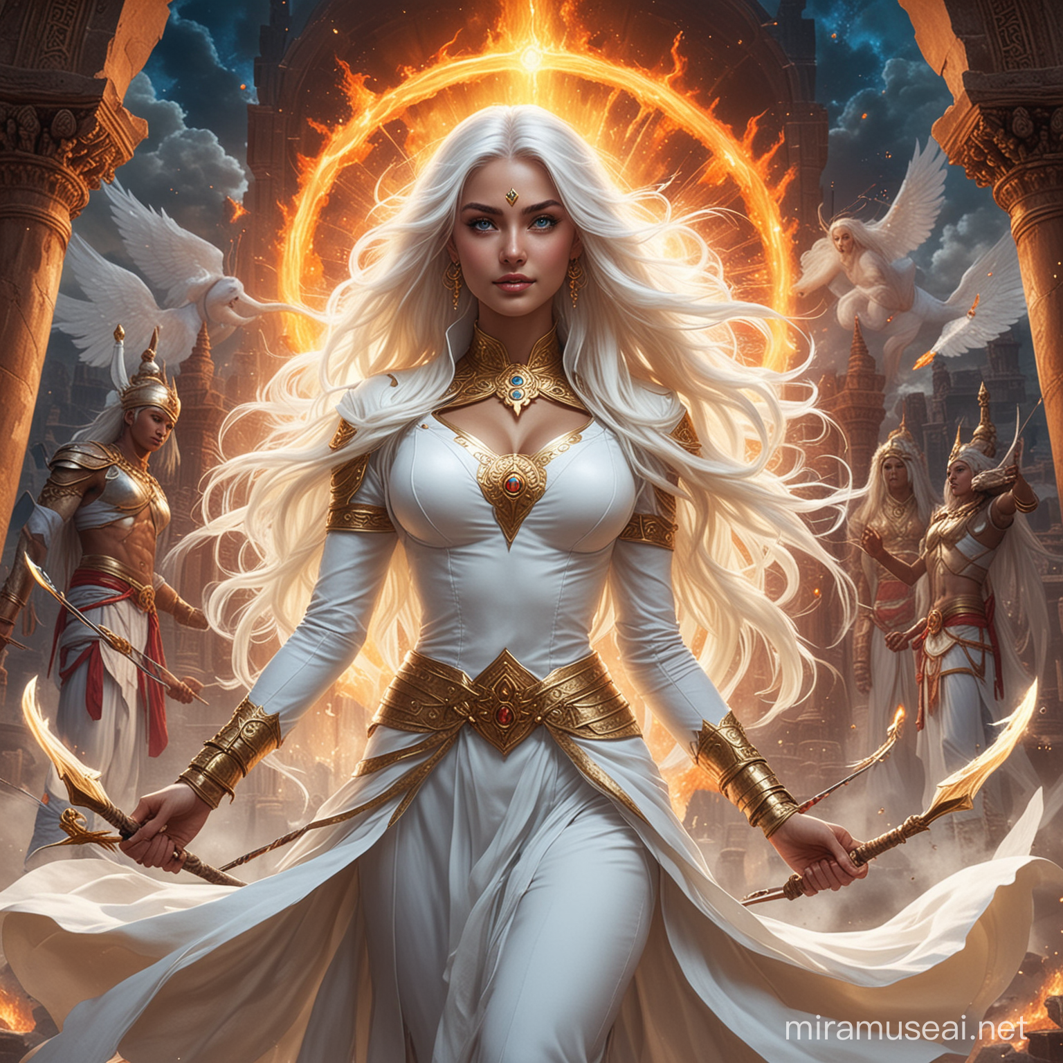 Powerful Young Goddesses in Battle Amidst Cosmic Energy and Fire Circles
