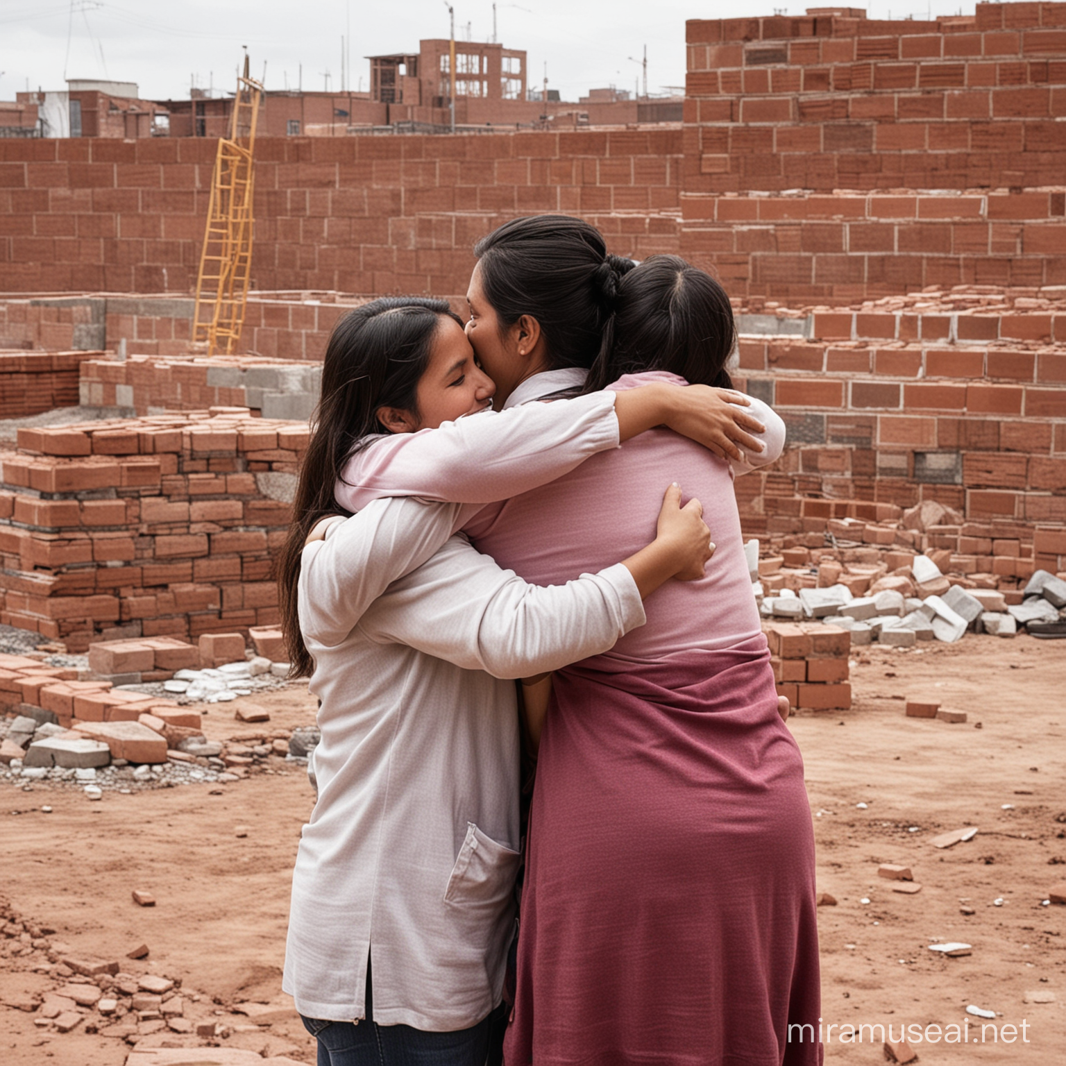 una imagen de una mamá de espaldas, abrazando a sus 2 hijas peruanas. De fondo una construción de ladrillos