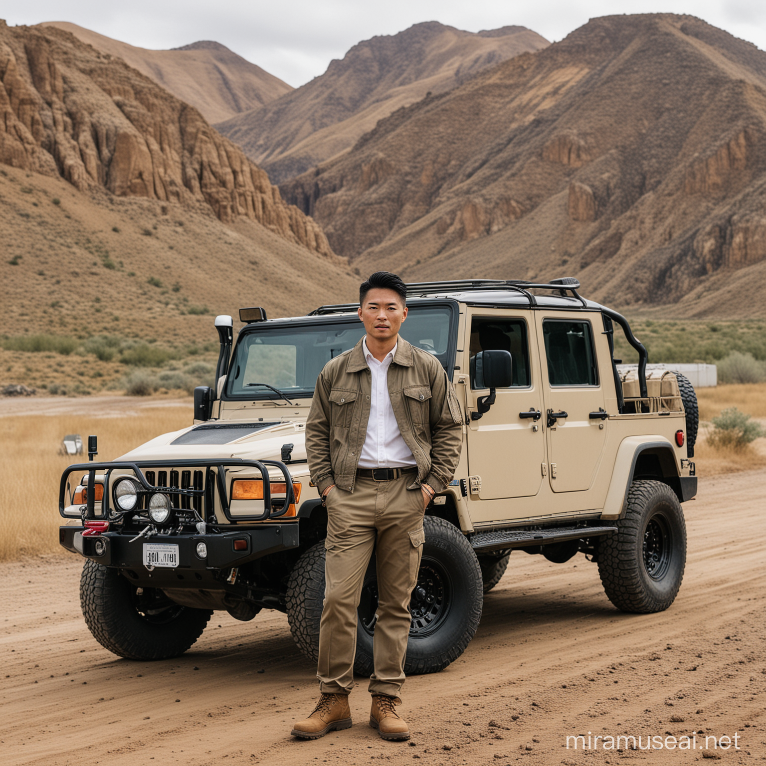portrait of an asian man, clothing jacket, trousers, men's shoes, standing in front of a jeep parked on the side of a dirt road, humvee, steel body, rolling foothills, adventure gear, vehicle design trends, rocky terrain, high mountains, with rack rooftop, pacific northwest, travel and adventure