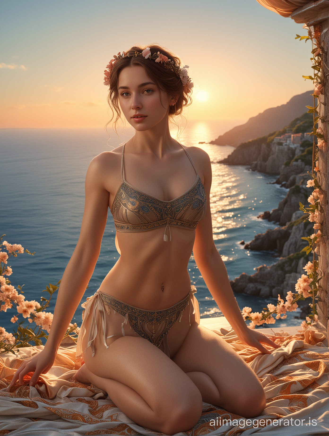 yoga pose, reference photo for artists, artistic nude, 18 year old, most beautiful nude athletic woman doing yoga, adorned like ancient greek priestress, sunset, aegaen blue sea in the background, firm breasts, silk ribbon around her hips, many magnificent flowers, shy smile, sensual longing look, realistic, stunning realistic photograph, full lips, 3d render, octane render, intricately detailed, cinematic, trending on artstation | Isometric | Centered hyper realistic cover photo awesome full color, hand drawn, dark, gritty, realistic style similar to mucha, klimt, erte .12k, intricate. high definition , cinematic, Rough sketch, mix of bold dark lines and loose lines, bold lines, on paper 