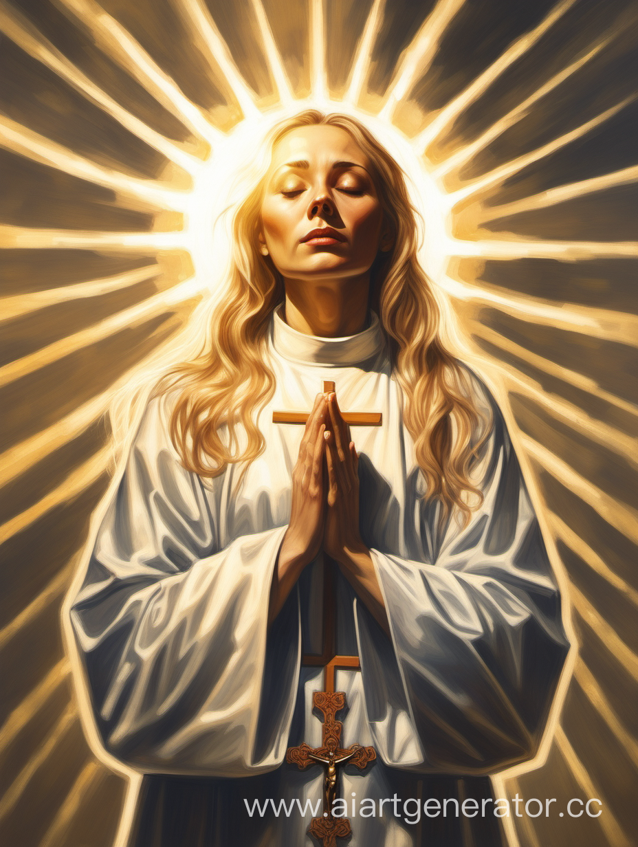 Женщина с 4 руками. У неё светлые волосы. Она одета в рясу священника. Она молится на солнце. У неё светятся глаза
