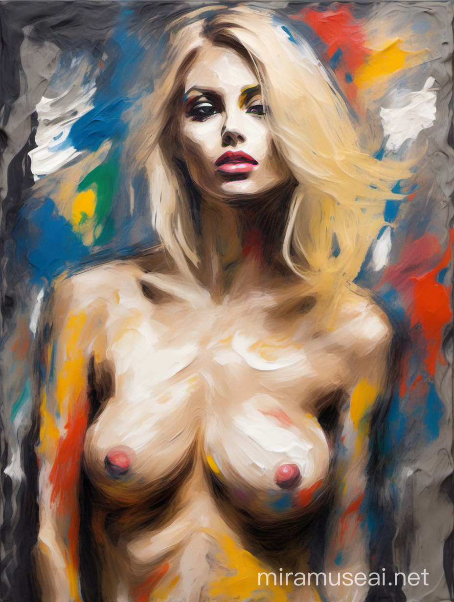 Naked beautiful blonde girl with big breast, oilpaint with a few strokes of random colors,  abstract-expressionistic style