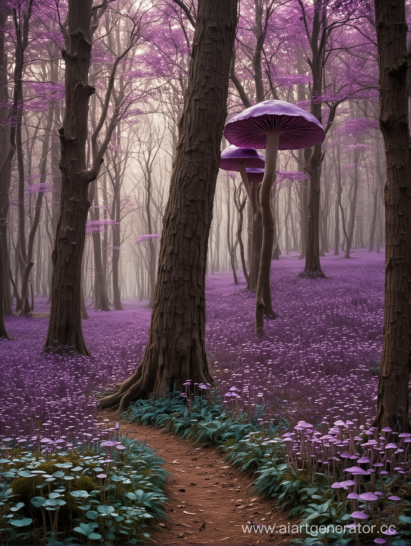 Сказочный лес, где деревья это фиолетовые грибы, как в алисе в стране чудес