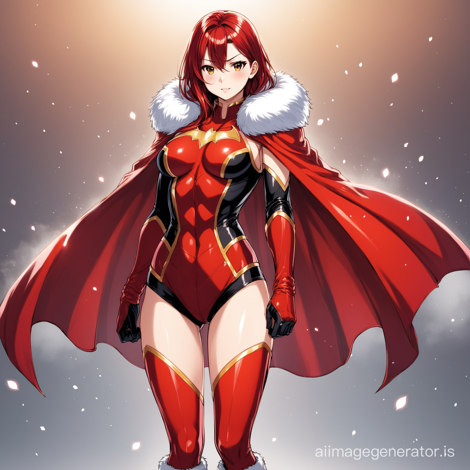 hot anime girl in a red superhero costume wearing a cape holded by fur on her shoulder region and a pair of leather boots and gloves