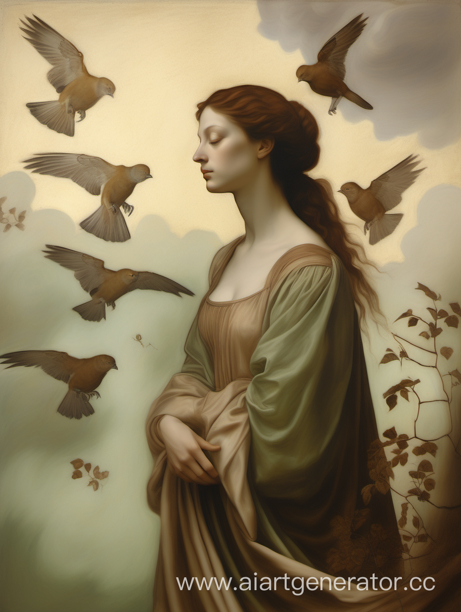 renaissance painting, soft shades, aesthetics, beige, a woman painted in oil in the style of the 15th century Renaissance in brown drapery with brown hair looks down and sad, blurred colors, pale drawing, light green foliage, cloud and small fog in the background, birds flying around