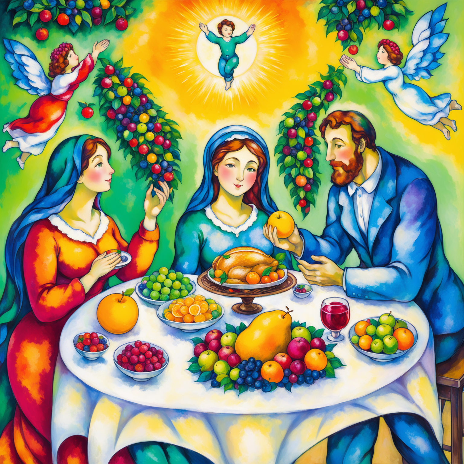 Chagall style  heavenly feast with  a man plus woman  plus child -only fruit - people  more havenley



