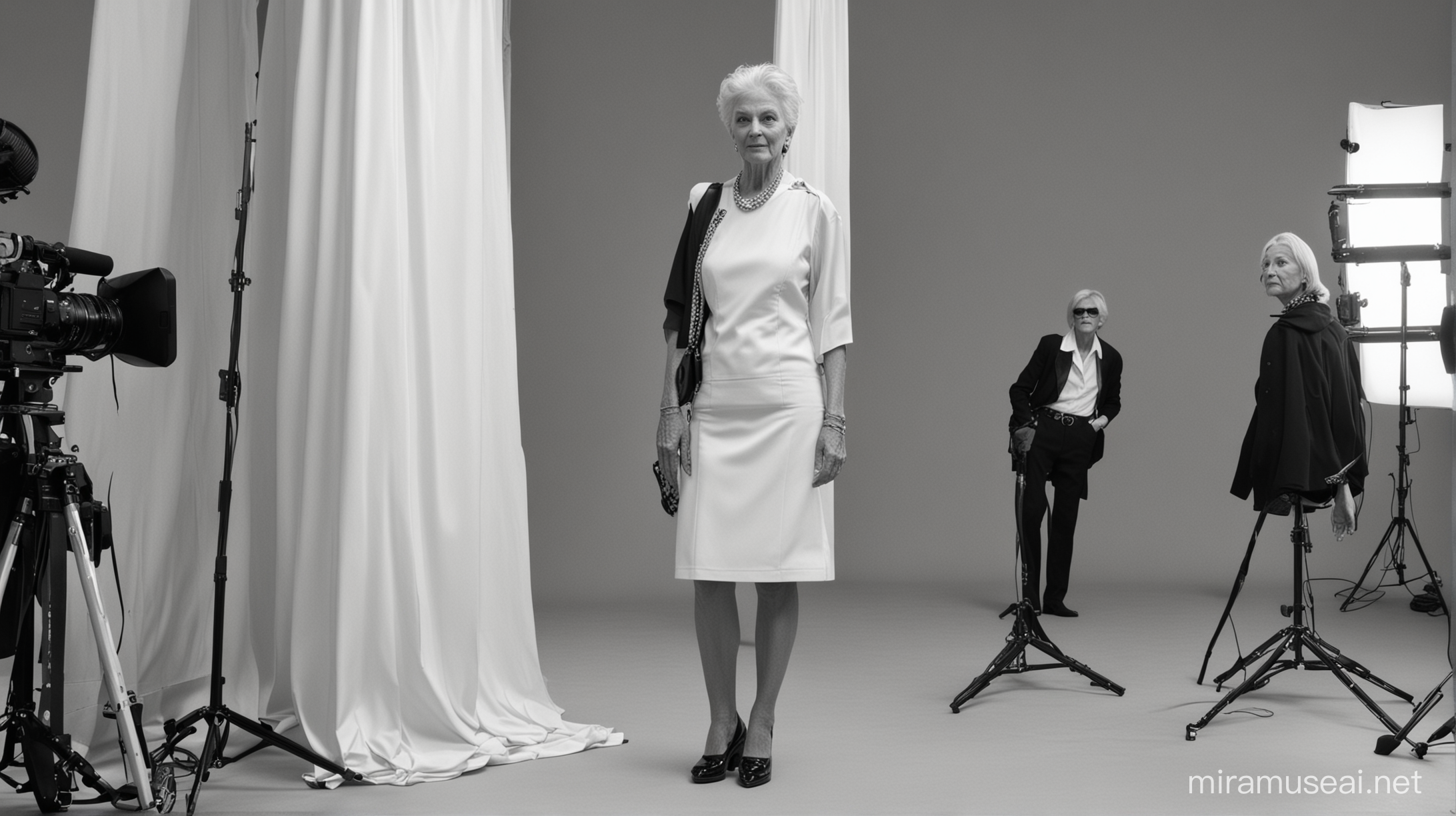 Backstage of a Balenciaga photo shoot with a 70 year old female model.