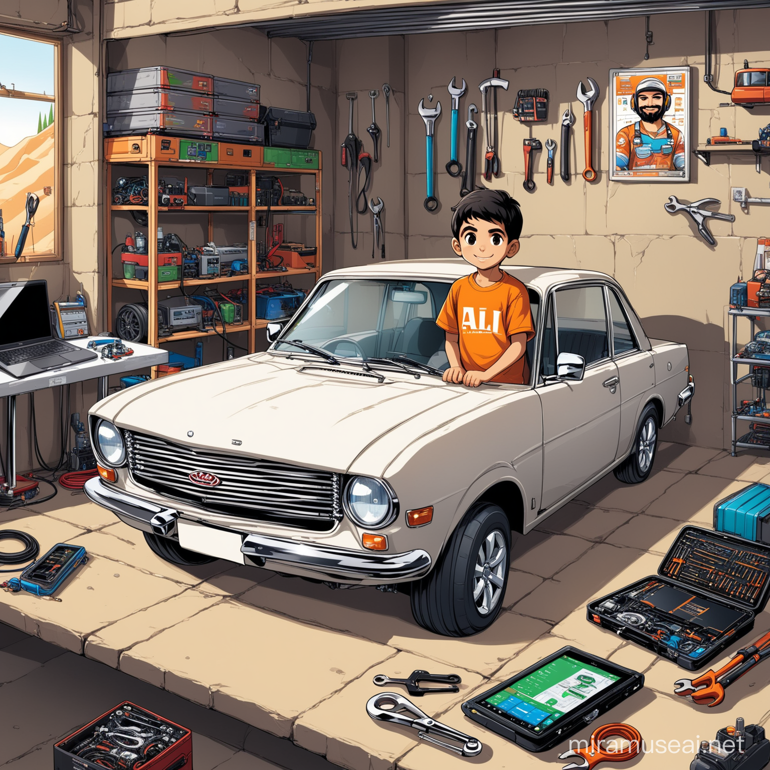 Ali is a Persian little boy, 8 years old, cute, white skin, smiling.

Samandcr is a modern Samand car manufactured by Iran Khodro(IKCO), the hood is open, engine is visible.

Ali is repairing Samandcr with a super modern wrench.

Atmosphere super modern auto repair shop cartoon, laptops, auto repairing tools and devices, car tuning devices, in monitor screen showing a car differential.

On the walls monitors, tools.

Clothes of Ali is full of Persian designs.