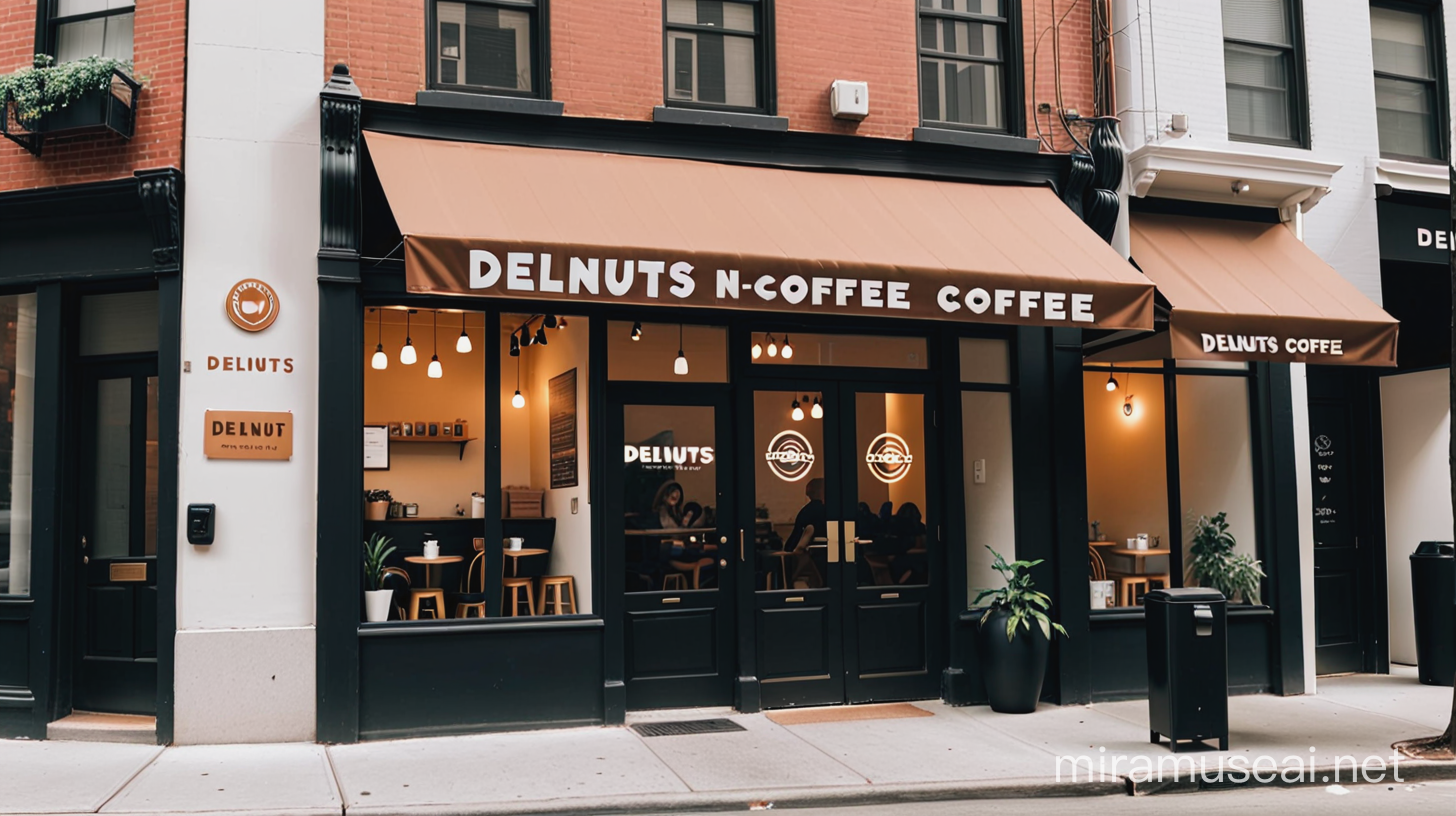 a coffee shop named "Delnuts-n-Coffee" in New York City