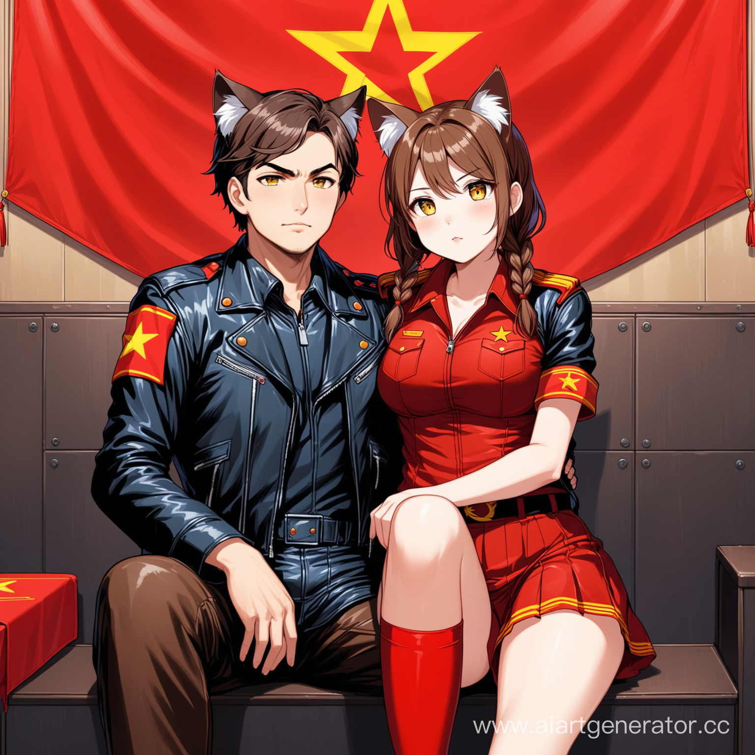 Catgirl yellow eyes brown hair (one short braid), brown cat ears, short blue  skirt, black leather jacket with red armband. Sitting on her boyfriend lap, black leather jacket with red armband, dark blue bloomers,  Communist squad Communist room with red communist flags